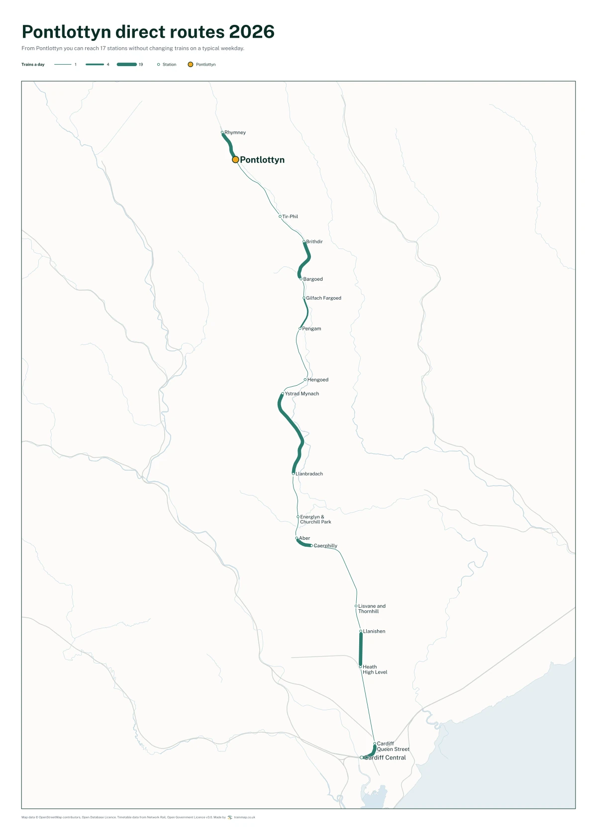 Pontlottyn direct routes 2026: a map of every station you can reach from Pontlottyn without changing trains, the lines thicker where more trains run