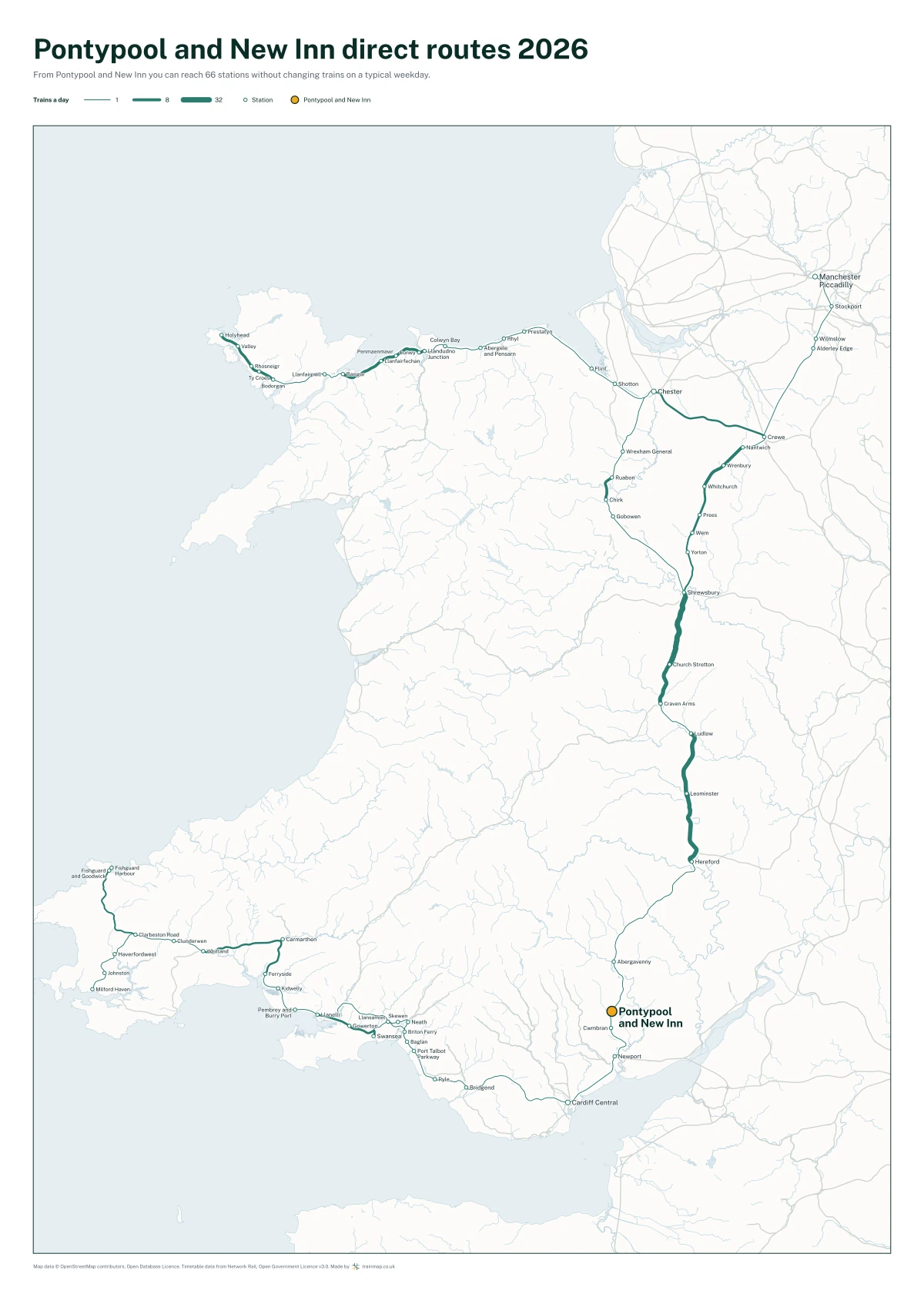 Pontypool and New Inn direct routes 2026: a map of every station you can reach from Pontypool and New Inn without changing trains, the lines thicker where more trains run