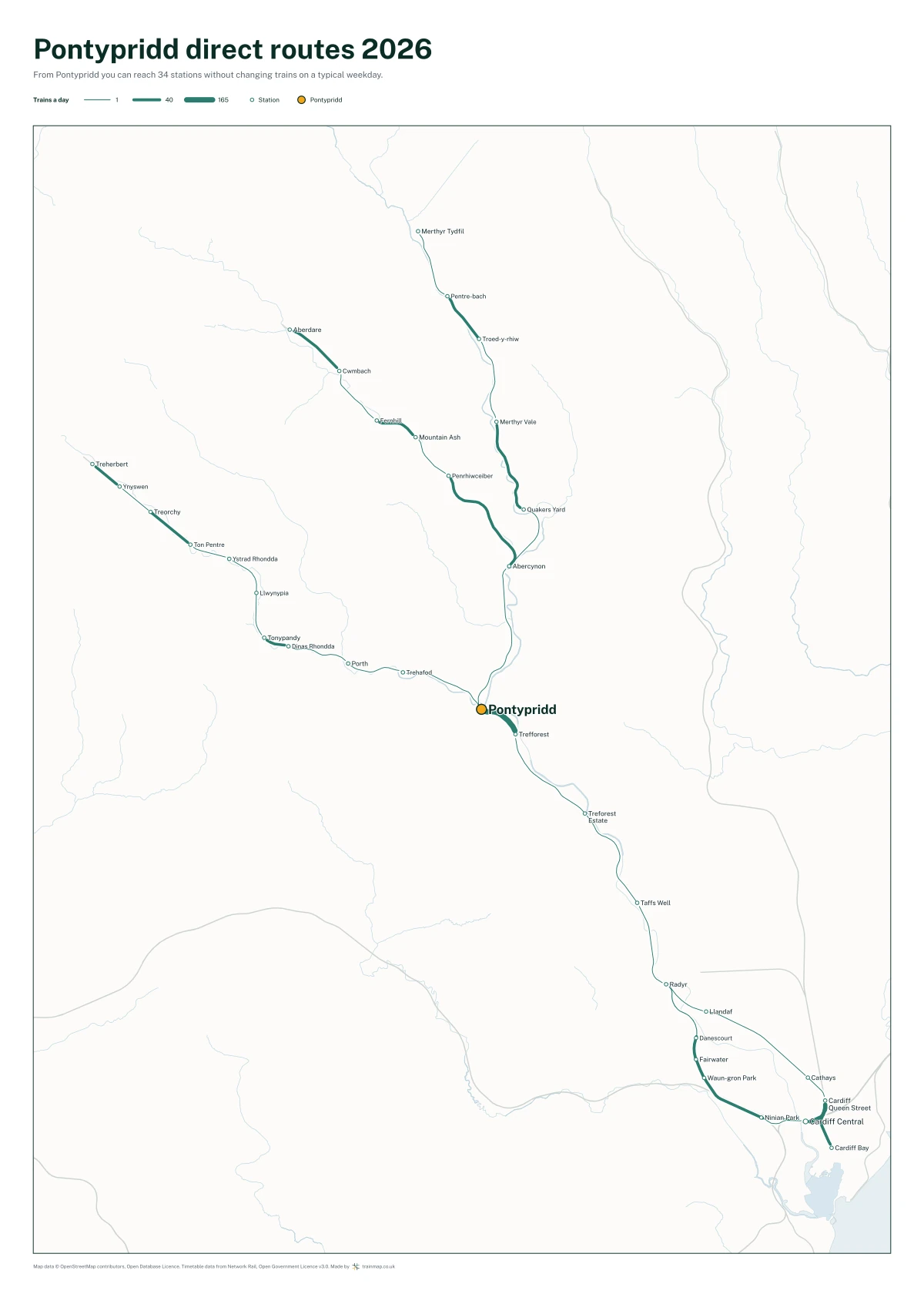 Pontypridd direct routes 2026: a map of every station you can reach from Pontypridd without changing trains, the lines thicker where more trains run