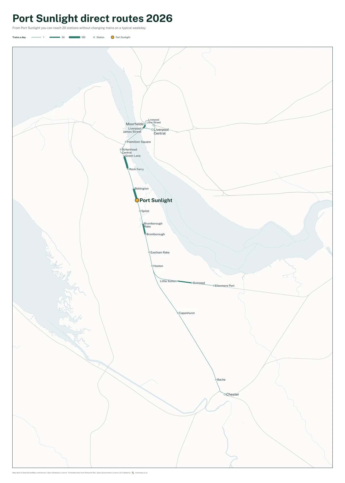 Port Sunlight direct routes 2026: a map of every station you can reach from Port Sunlight without changing trains, the lines thicker where more trains run