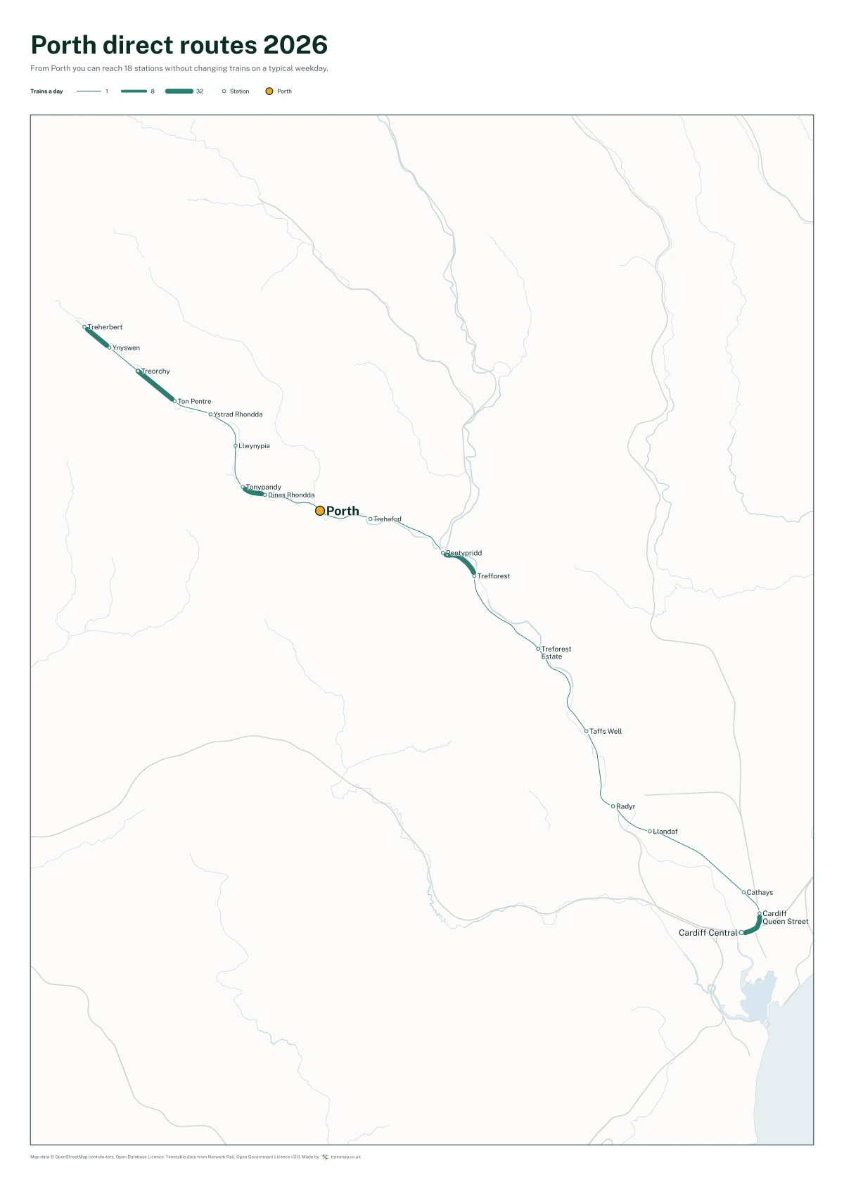 Porth direct routes 2026: a map of every station you can reach from Porth without changing trains, the lines thicker where more trains run