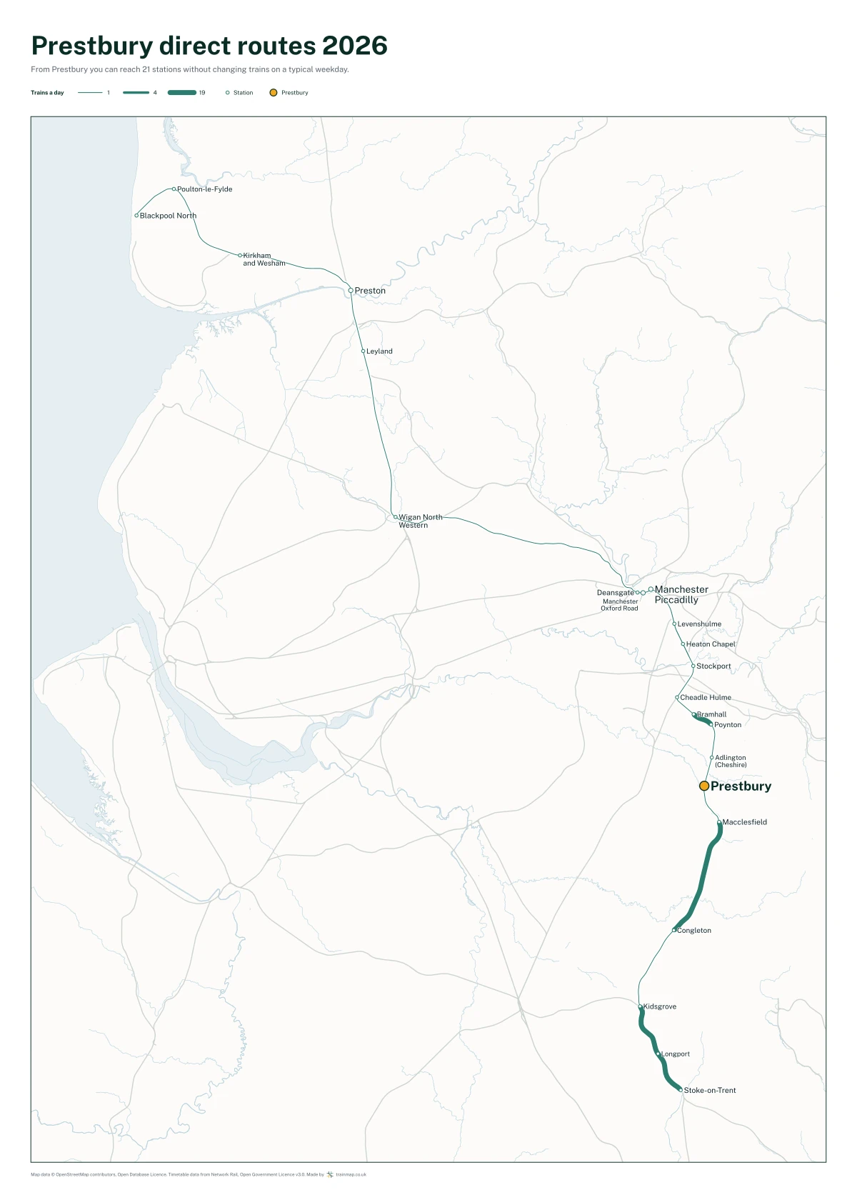 Prestbury direct routes 2026: a map of every station you can reach from Prestbury without changing trains, the lines thicker where more trains run