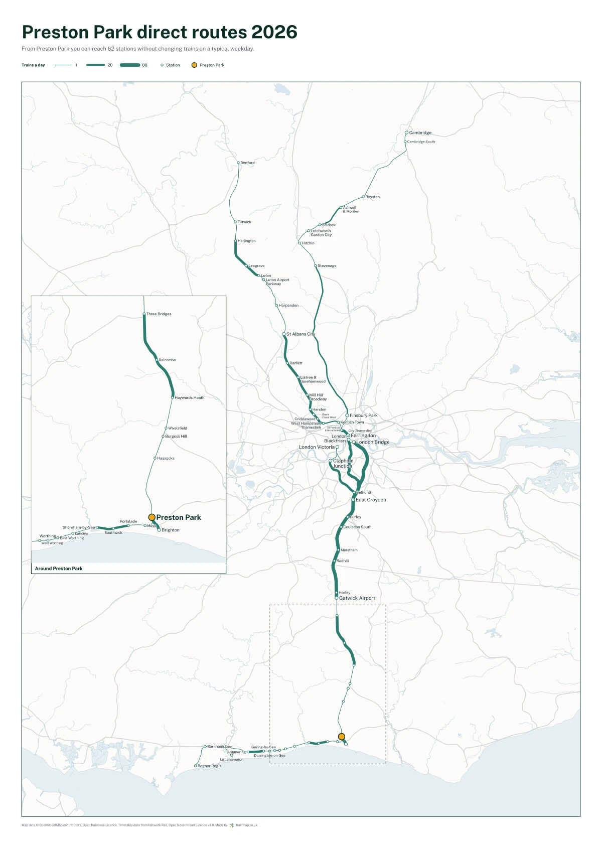 Preston Park direct routes 2026: a map of every station you can reach from Preston Park without changing trains, the lines thicker where more trains run