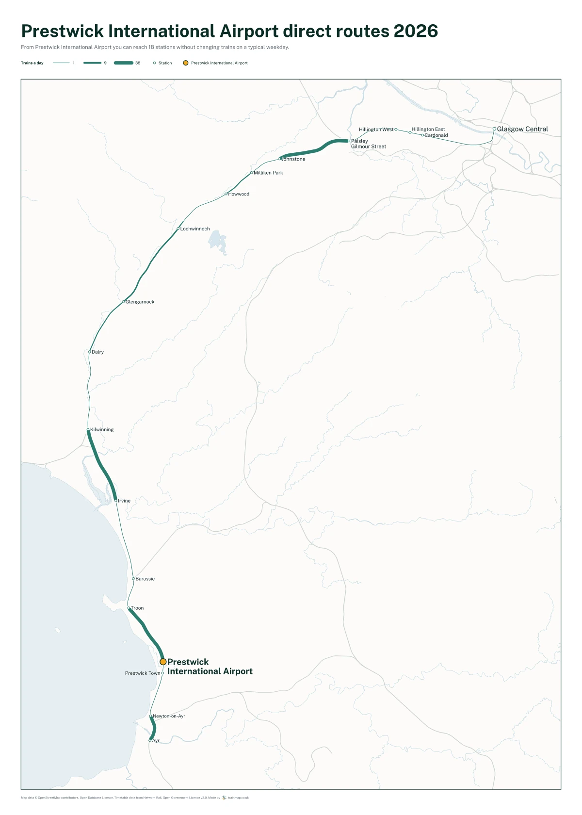 Prestwick International Airport direct routes 2026: a map of every station you can reach from Prestwick International Airport without changing trains, the lines thicker where more trains run