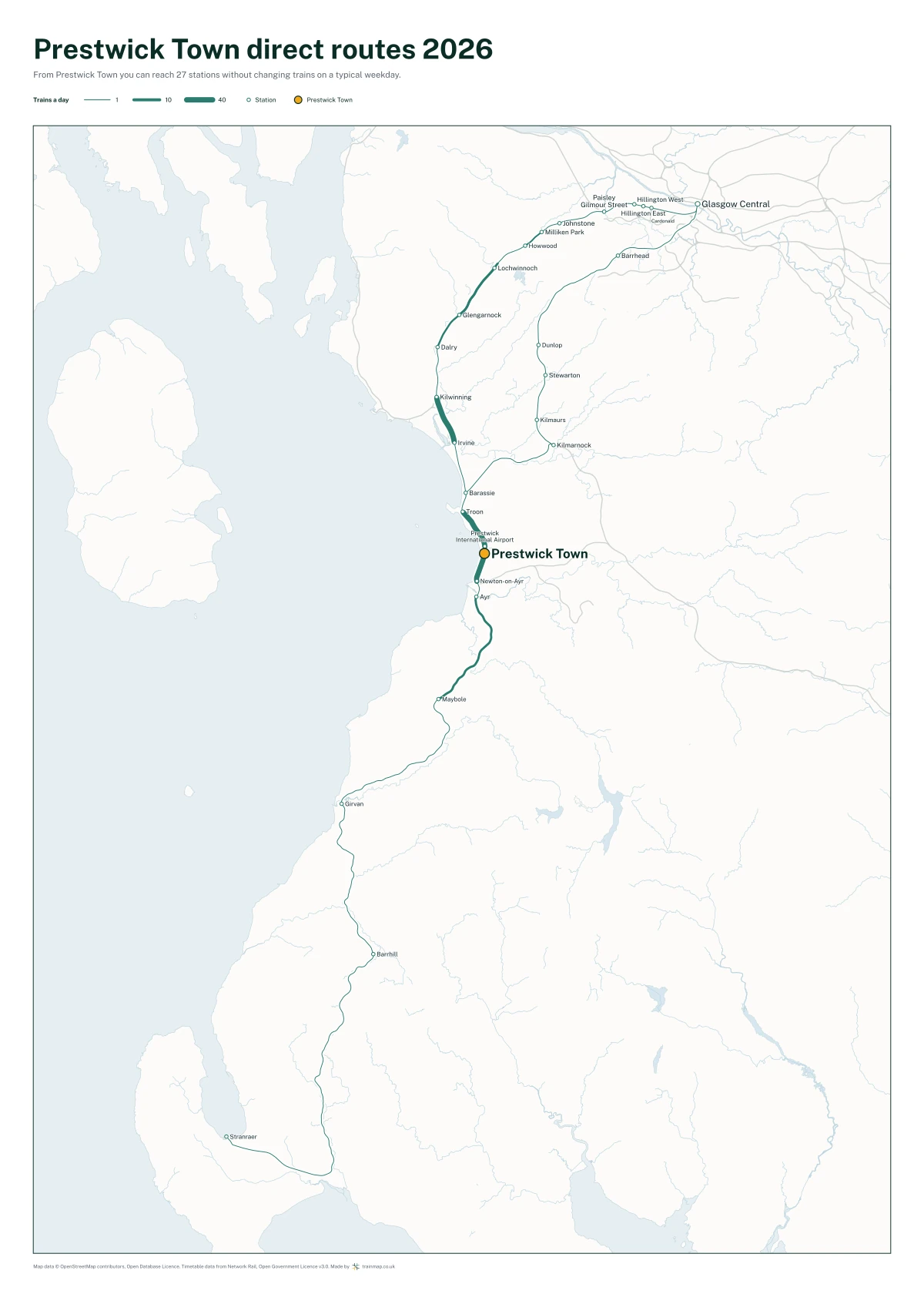 Prestwick Town direct routes 2026: a map of every station you can reach from Prestwick Town without changing trains, the lines thicker where more trains run