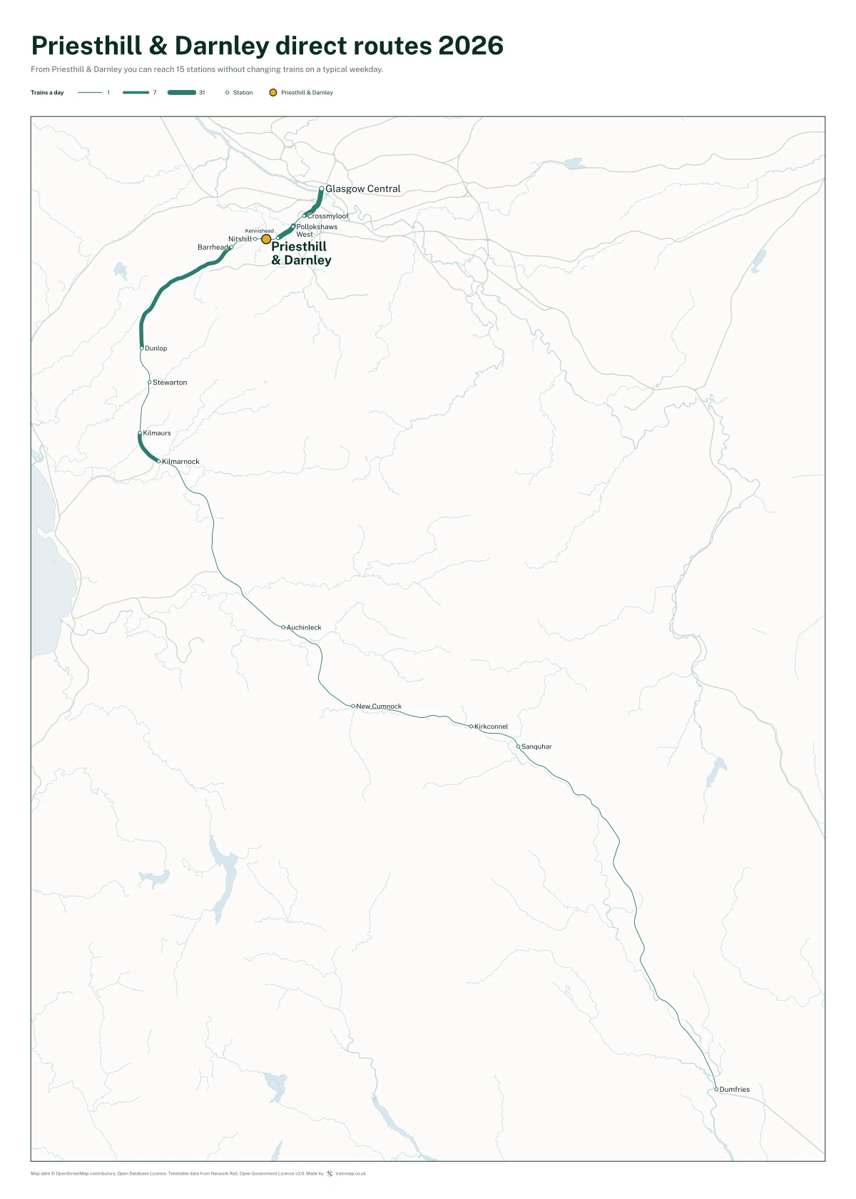 Priesthill & Darnley direct routes 2026: a map of every station you can reach from Priesthill & Darnley without changing trains, the lines thicker where more trains run