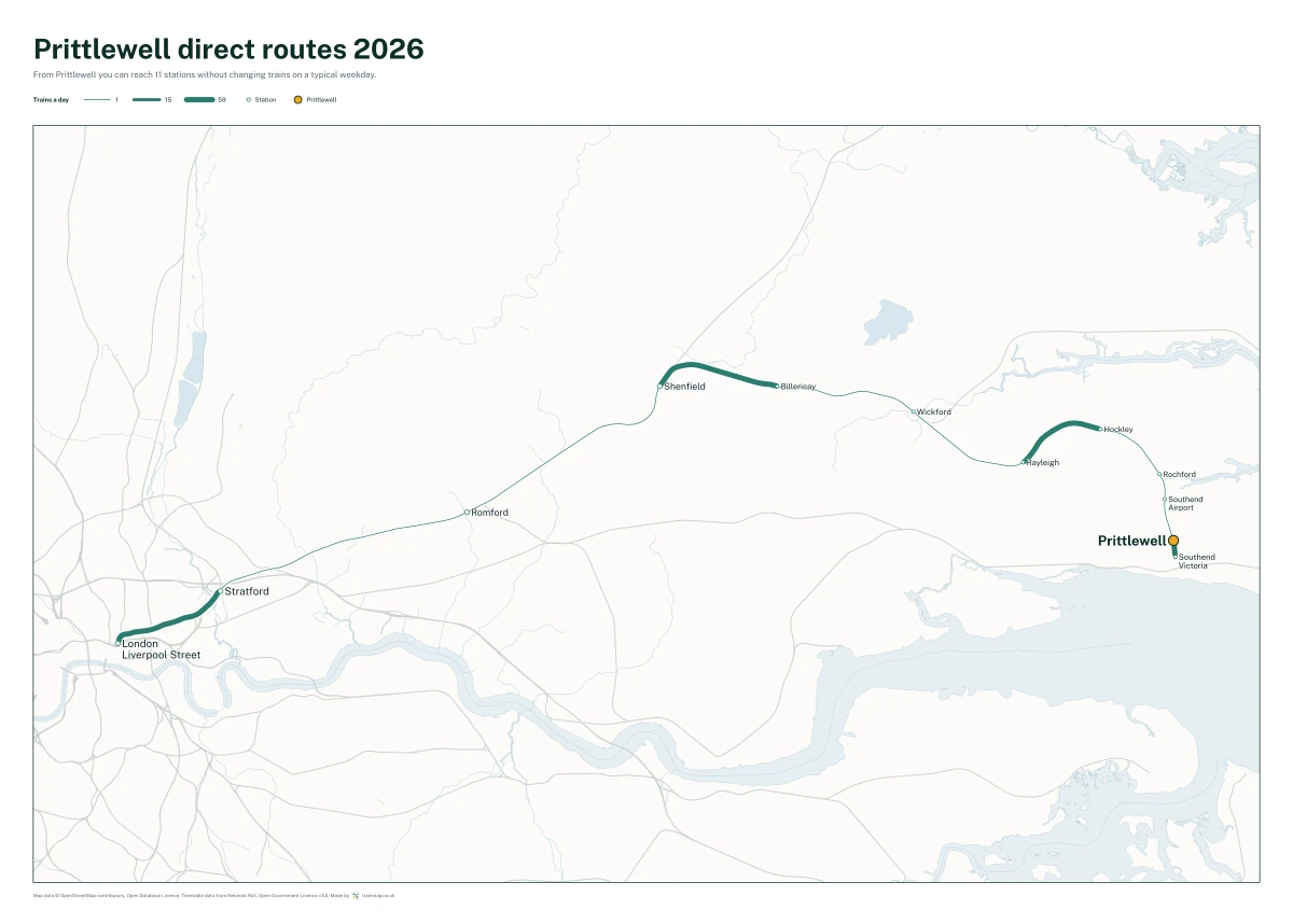 Prittlewell direct routes 2026: a map of every station you can reach from Prittlewell without changing trains, the lines thicker where more trains run
