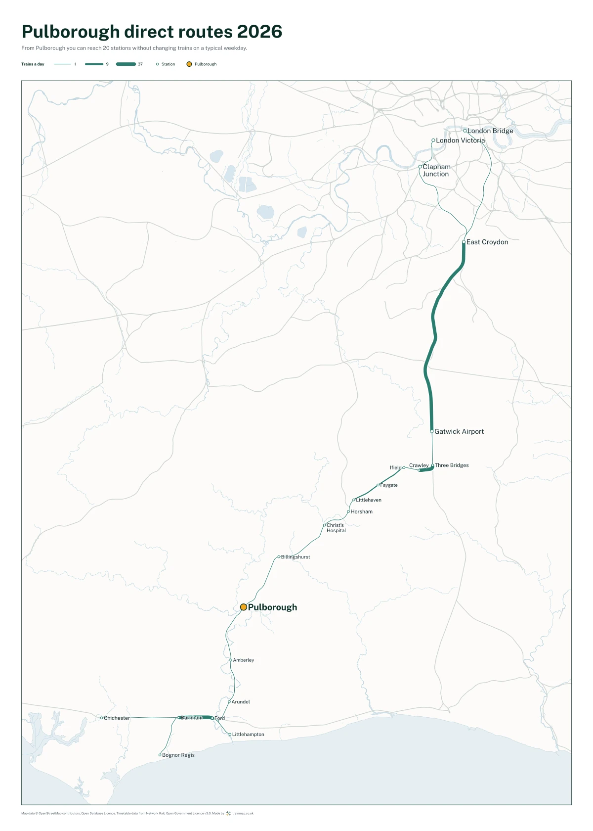 Pulborough direct routes 2026: a map of every station you can reach from Pulborough without changing trains, the lines thicker where more trains run