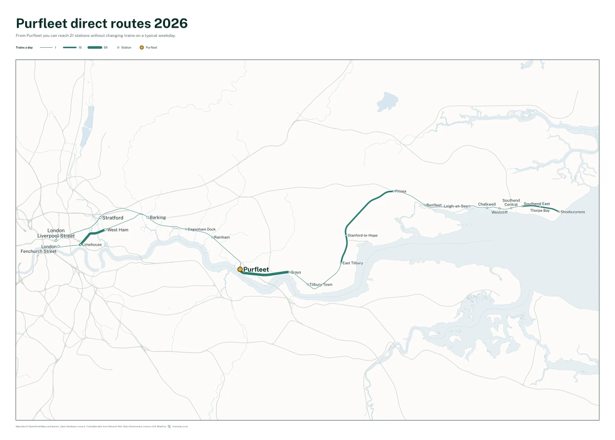 Purfleet direct routes 2026: a map of every station you can reach from Purfleet without changing trains, the lines thicker where more trains run