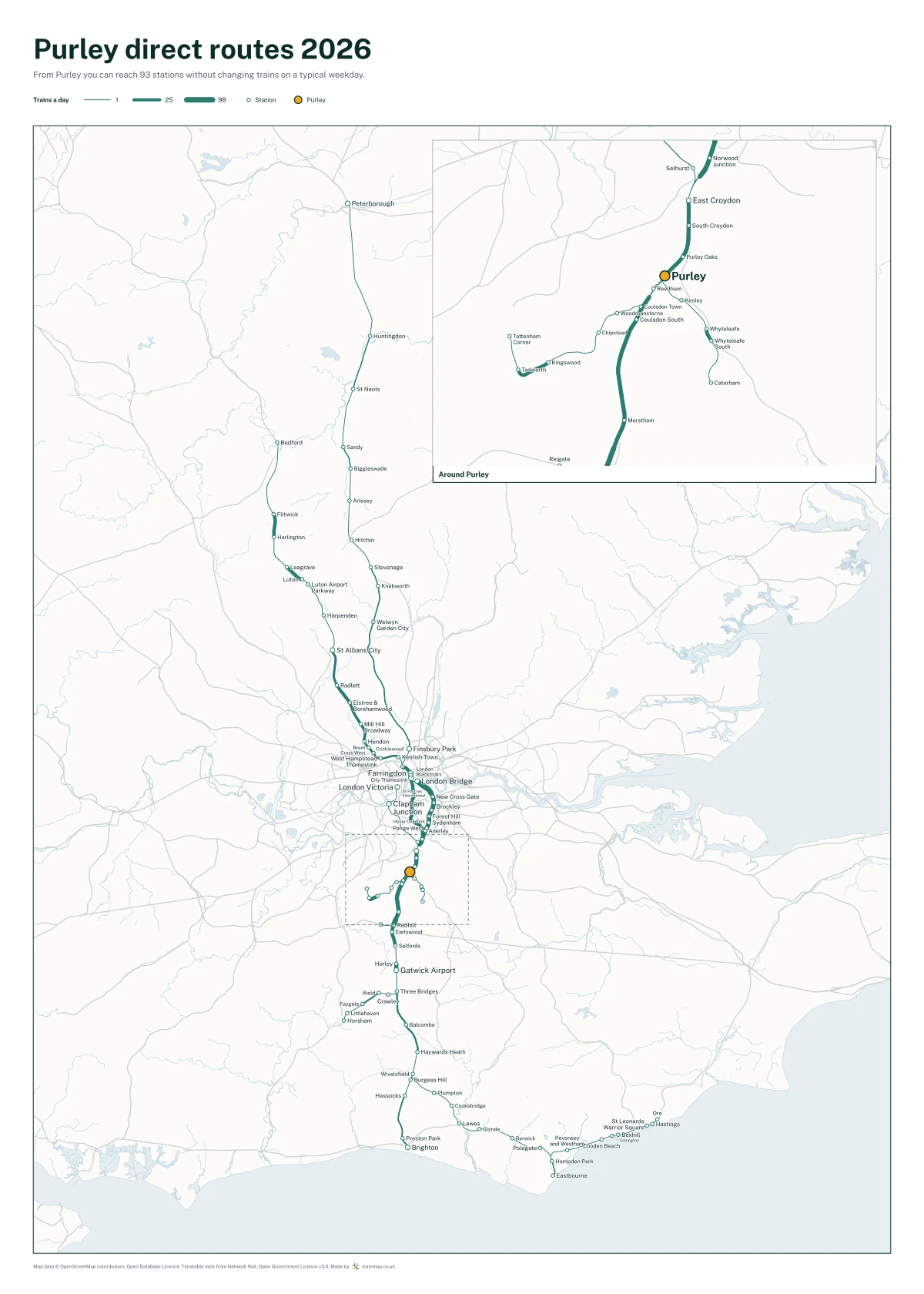 Purley direct routes 2026: a map of every station you can reach from Purley without changing trains, the lines thicker where more trains run