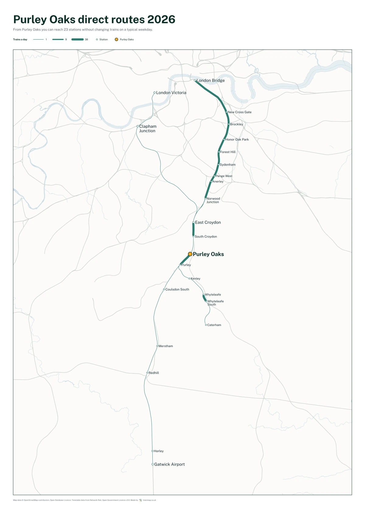 Purley Oaks direct routes 2026: a map of every station you can reach from Purley Oaks without changing trains, the lines thicker where more trains run