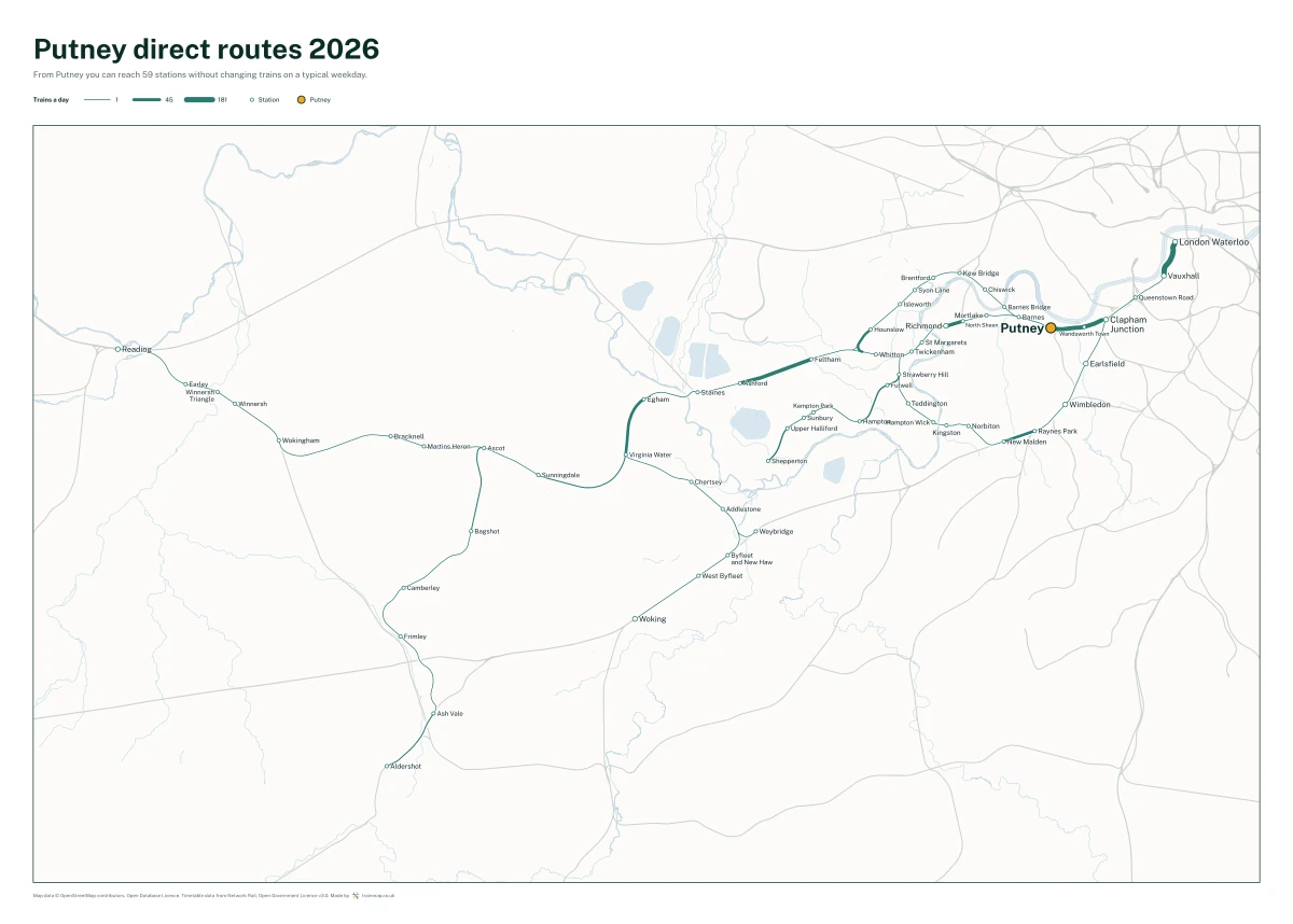 Putney direct routes 2026: a map of every station you can reach from Putney without changing trains, the lines thicker where more trains run