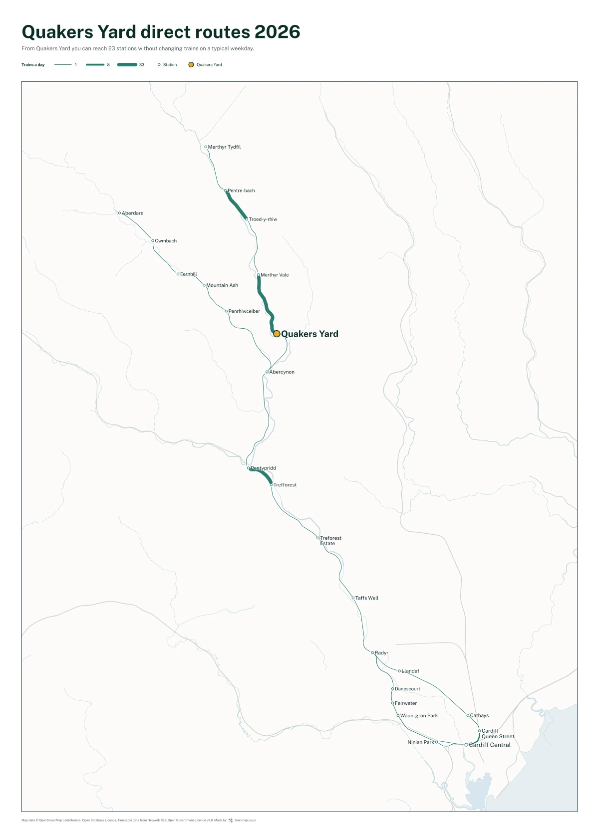Quakers Yard direct routes 2026: a map of every station you can reach from Quakers Yard without changing trains, the lines thicker where more trains run