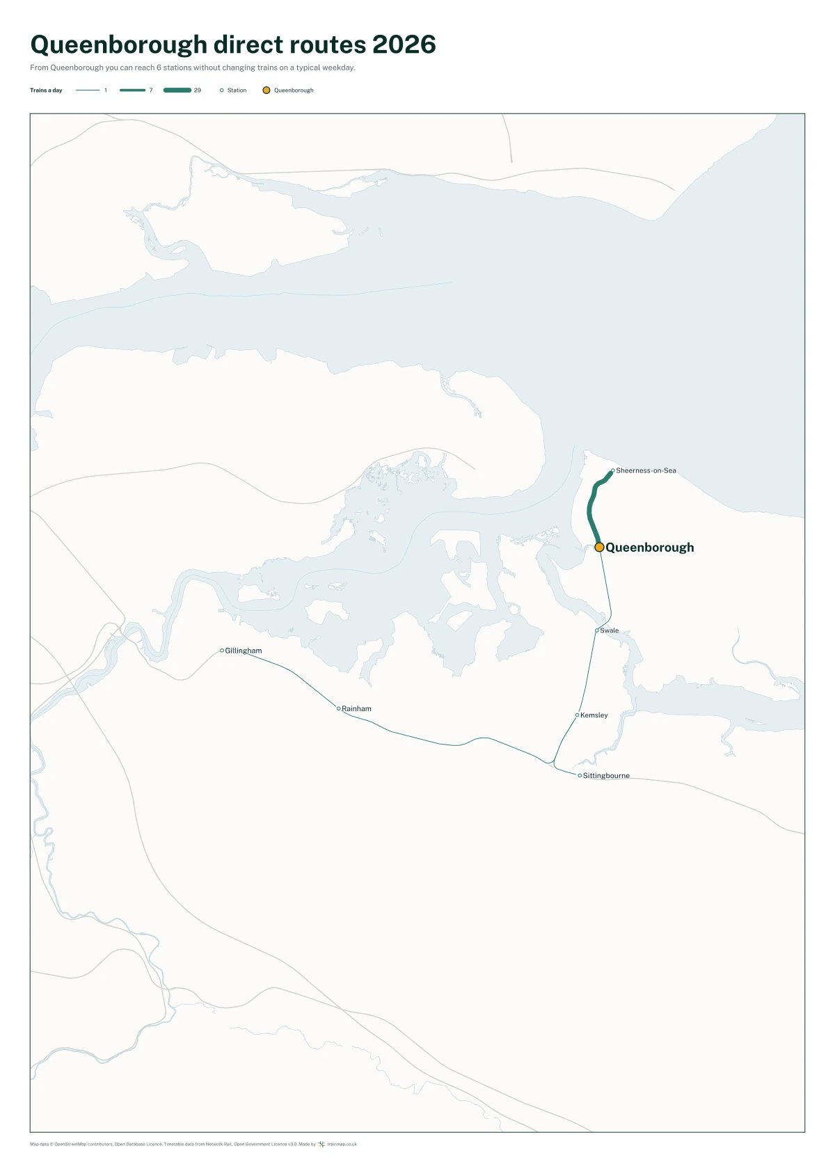 Queenborough direct routes 2026: a map of every station you can reach from Queenborough without changing trains, the lines thicker where more trains run