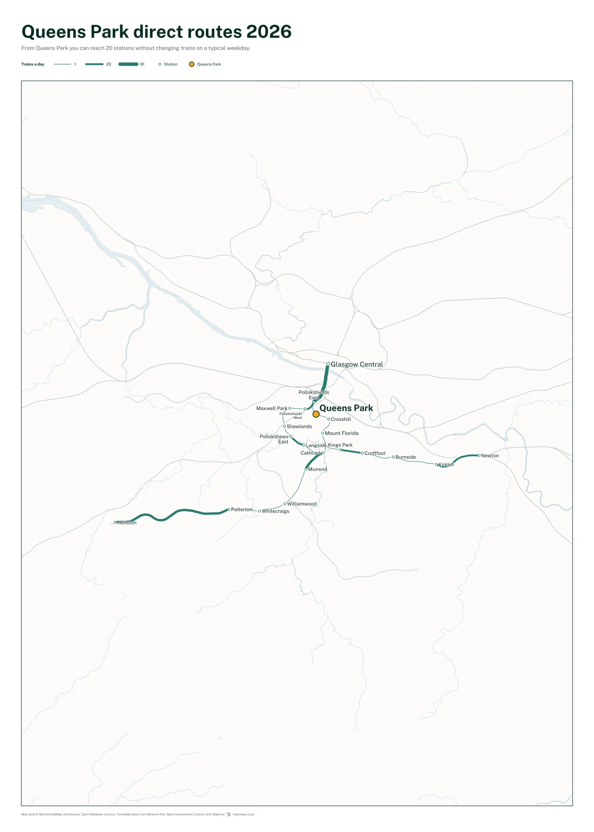 Queens Park direct routes 2026: a map of every station you can reach from Queens Park without changing trains, the lines thicker where more trains run