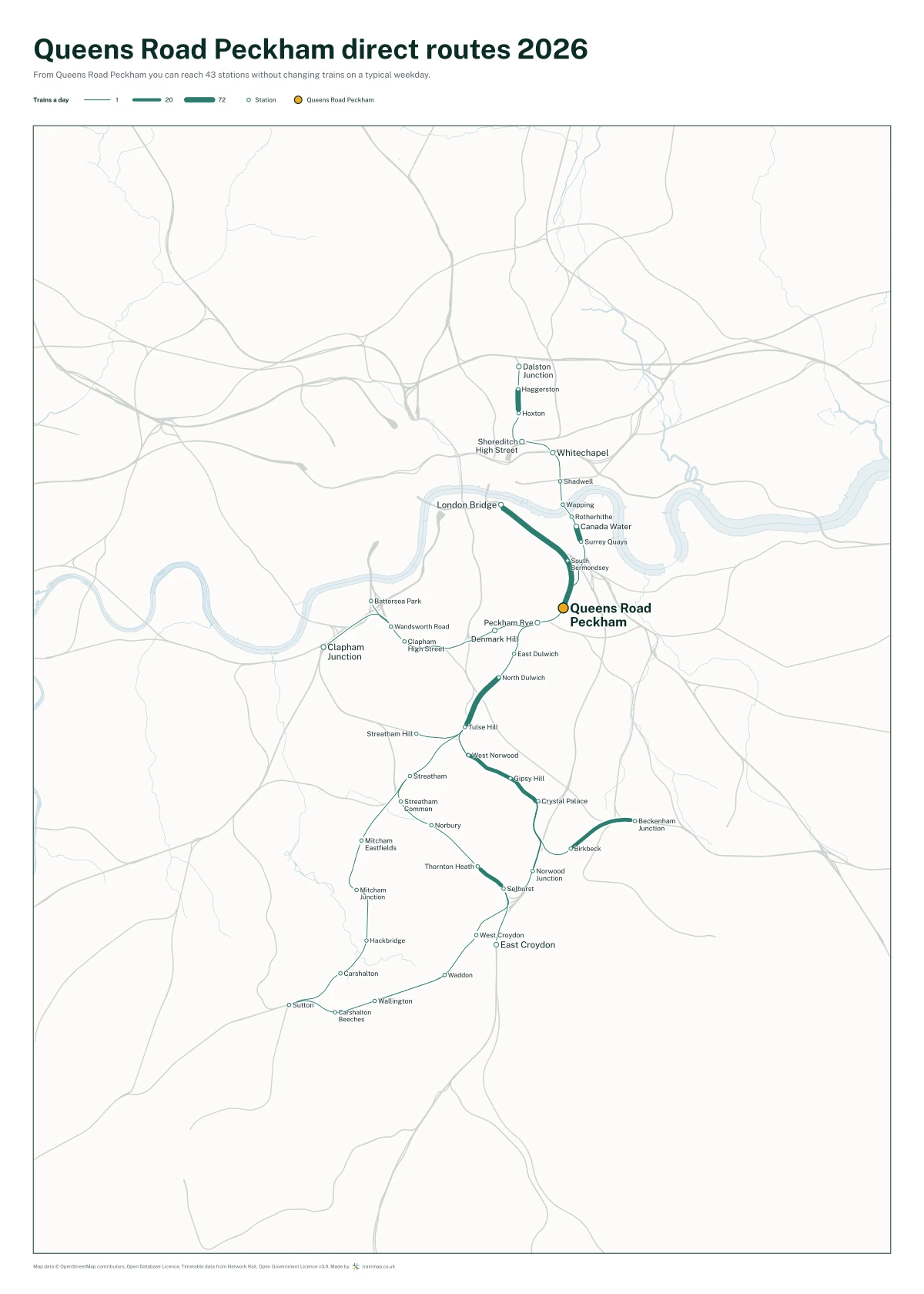 Queens Road Peckham direct routes 2026: a map of every station you can reach from Queens Road Peckham without changing trains, the lines thicker where more trains run