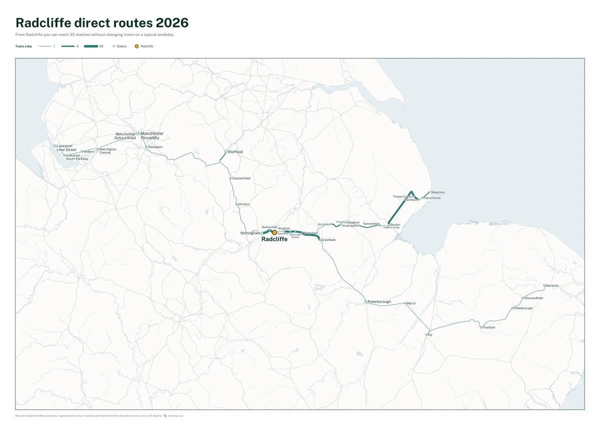 Radcliffe direct routes 2026: a map of every station you can reach from Radcliffe without changing trains, the lines thicker where more trains run