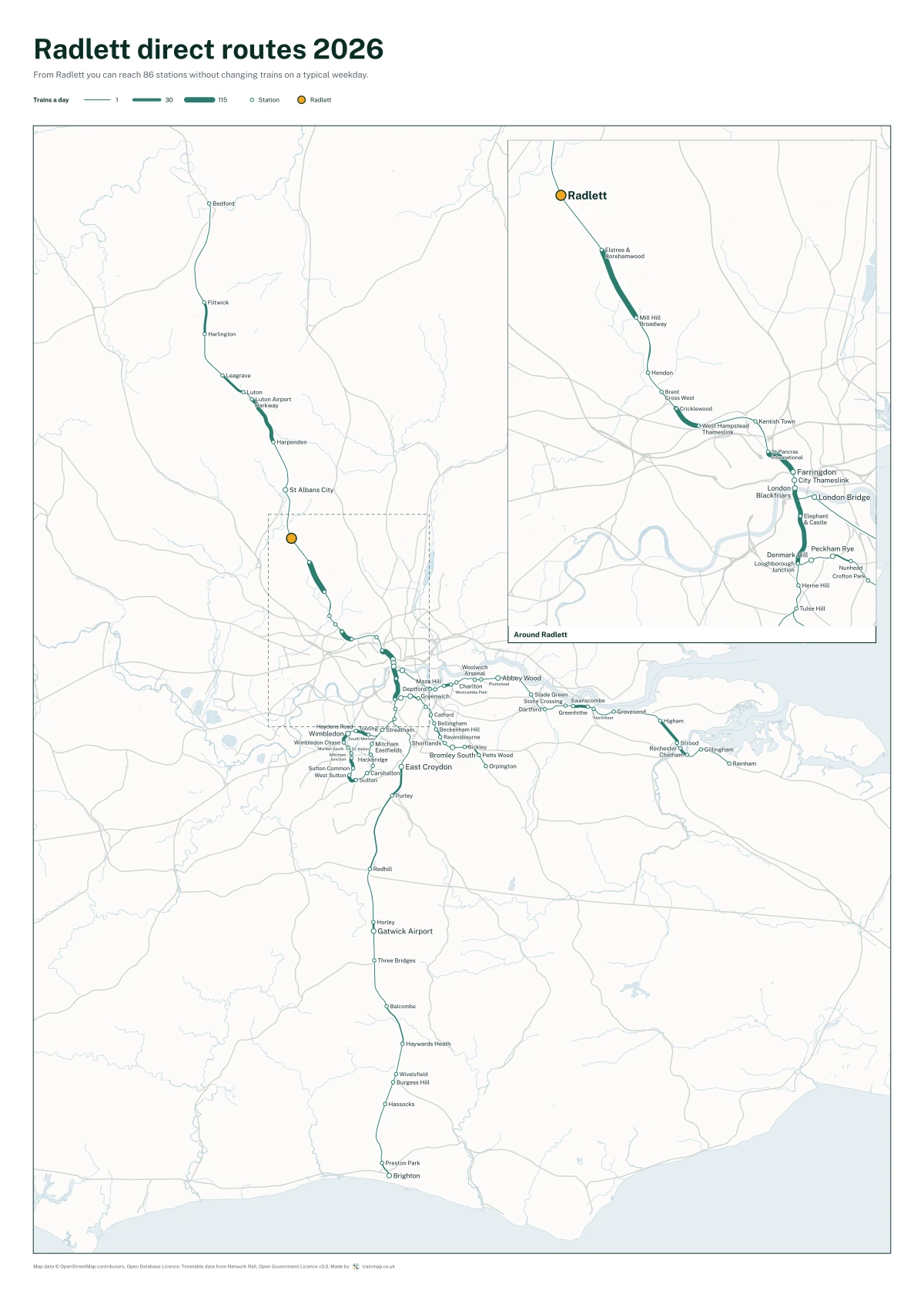 Radlett direct routes 2026: a map of every station you can reach from Radlett without changing trains, the lines thicker where more trains run