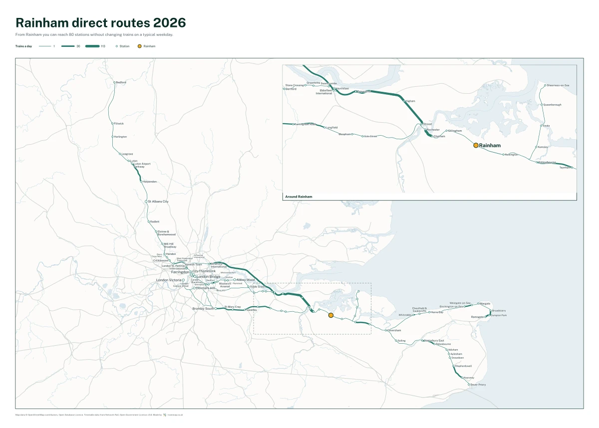 Rainham (Kent) direct routes 2026: a map of every station you can reach from Rainham (Kent) without changing trains, the lines thicker where more trains run