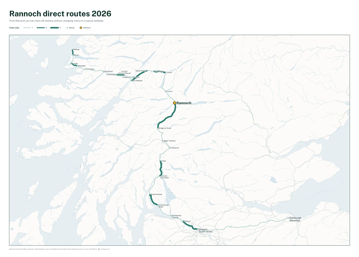 Rannoch direct routes 2026: a map of every station you can reach from Rannoch without changing trains, the lines thicker where more trains run