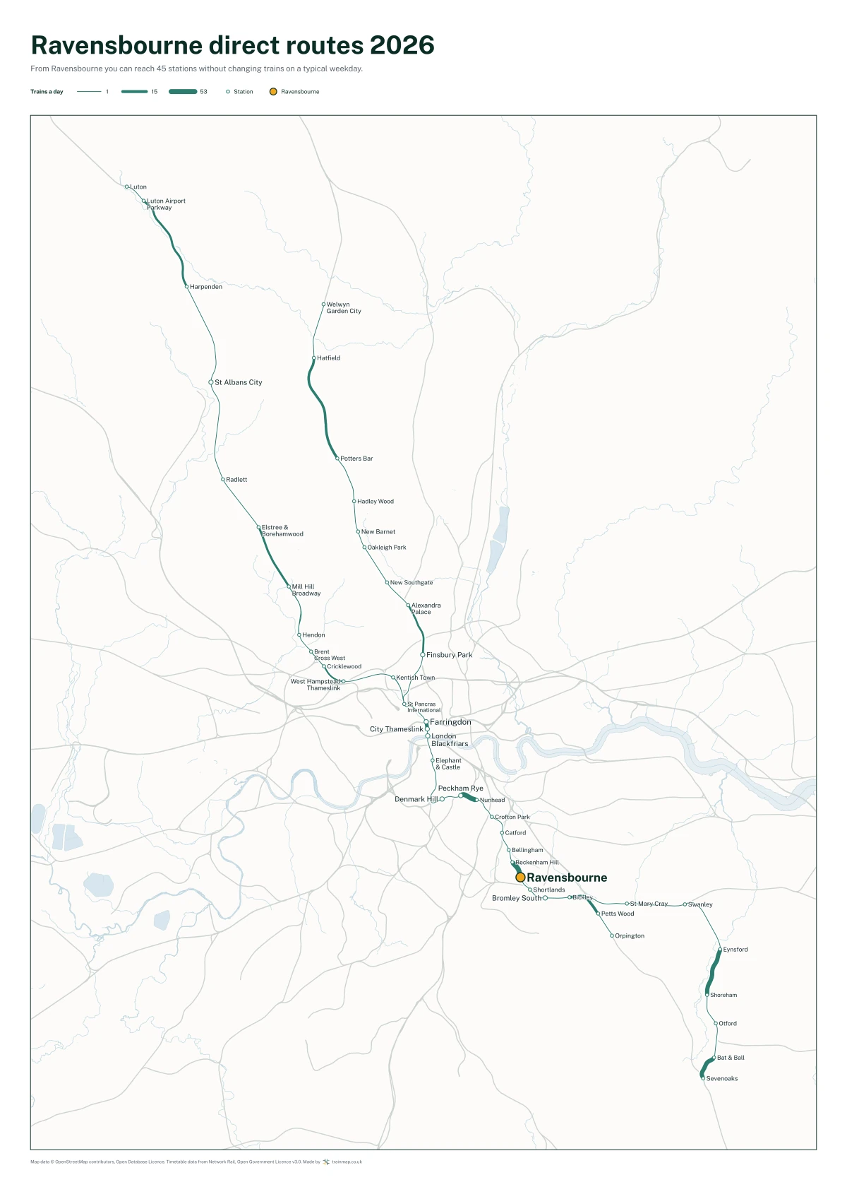 Ravensbourne direct routes 2026: a map of every station you can reach from Ravensbourne without changing trains, the lines thicker where more trains run