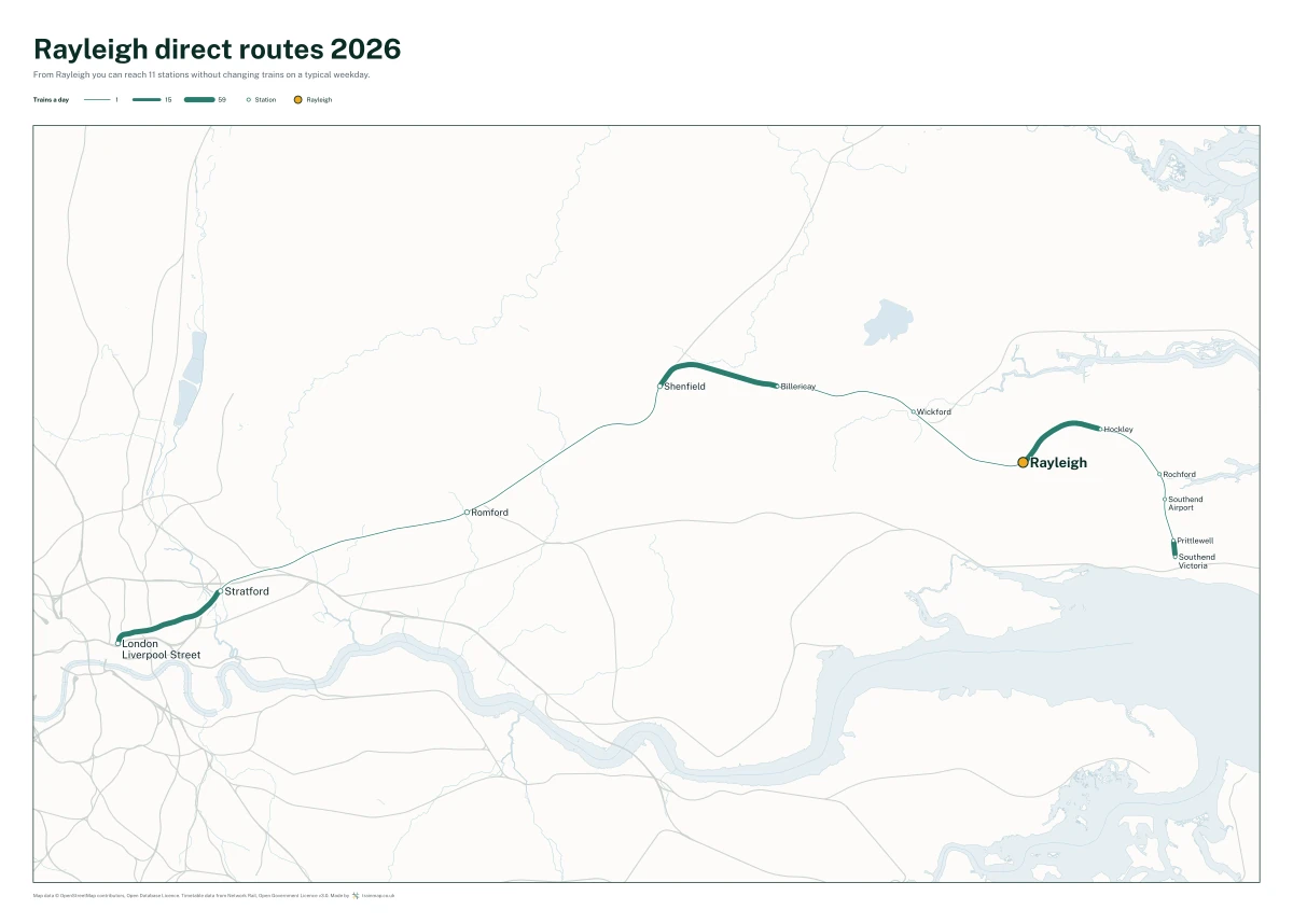 Rayleigh direct routes 2026: a map of every station you can reach from Rayleigh without changing trains, the lines thicker where more trains run