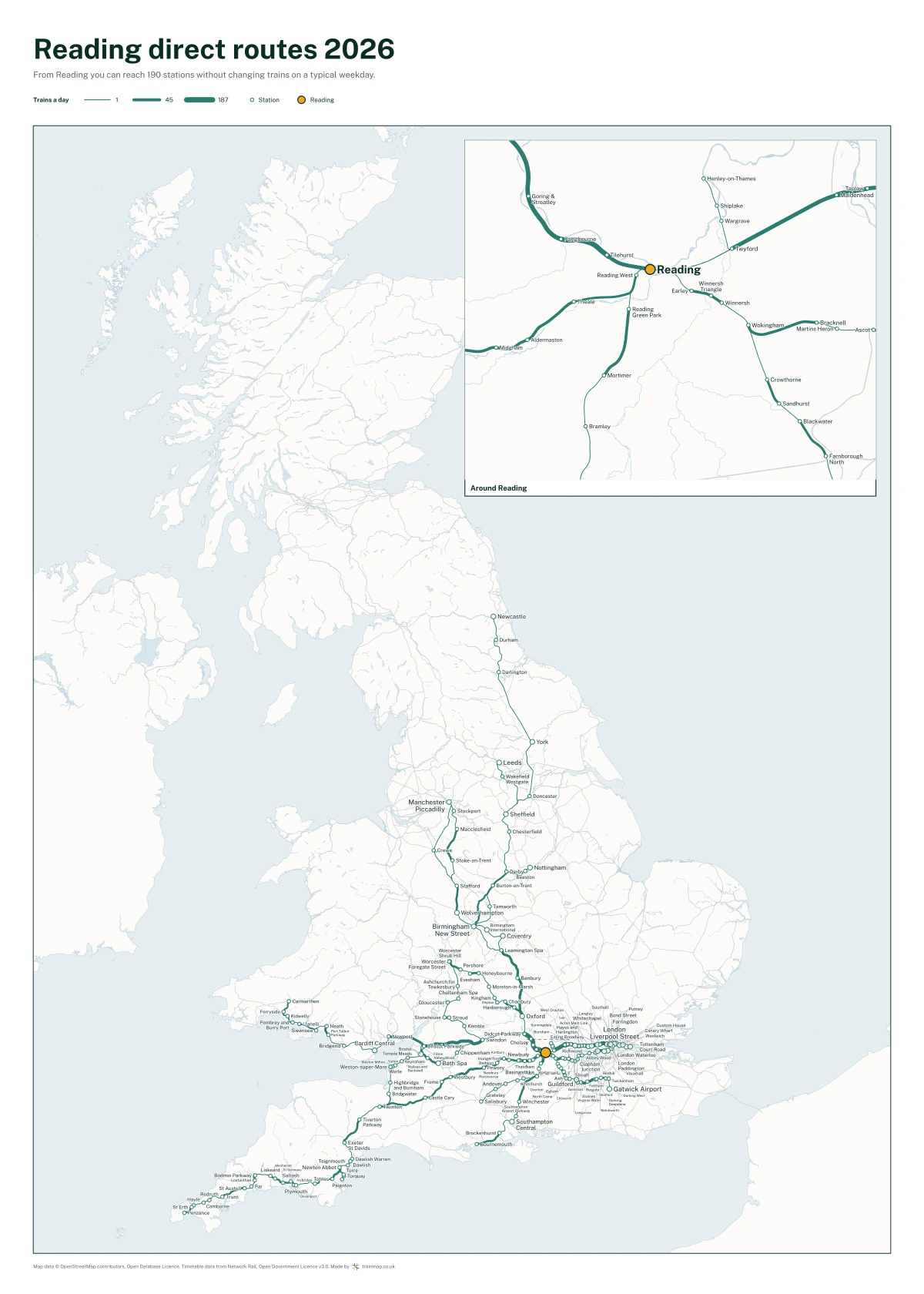 Reading direct routes 2026: a map of every station you can reach from Reading without changing trains, the lines thicker where more trains run