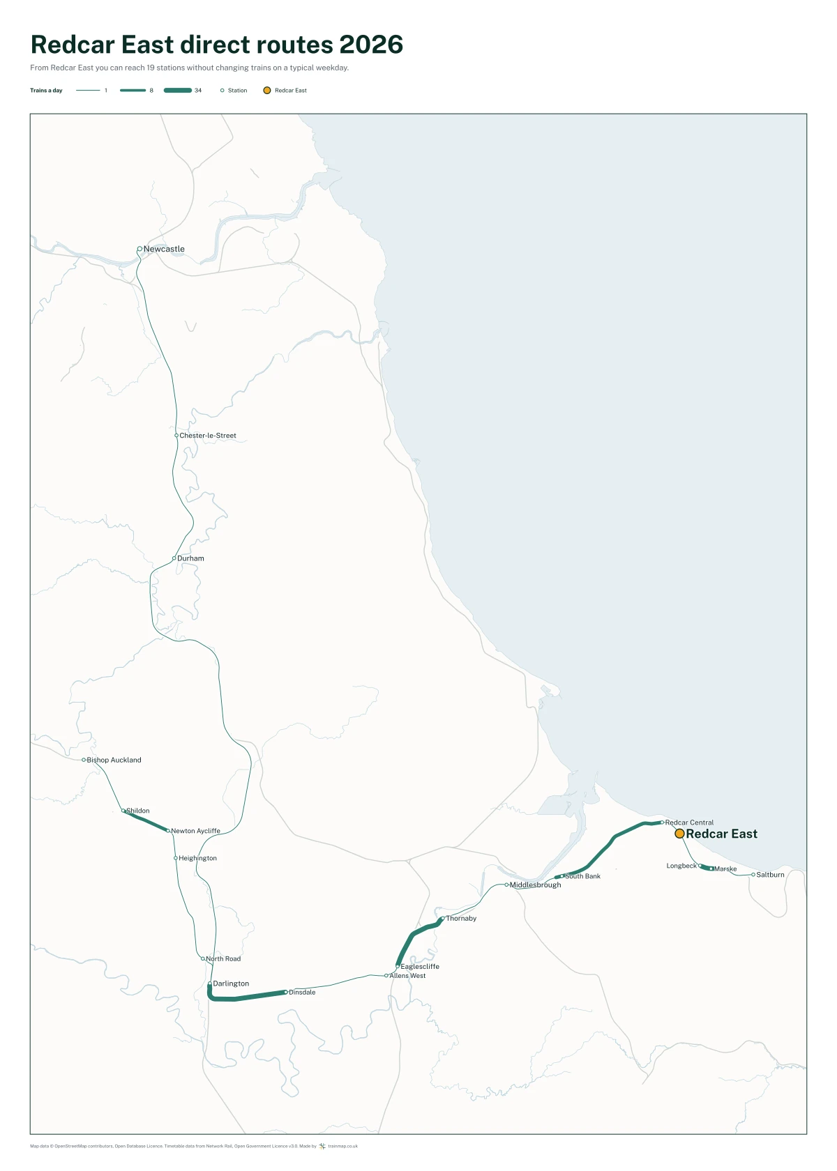 Redcar East direct routes 2026: a map of every station you can reach from Redcar East without changing trains, the lines thicker where more trains run