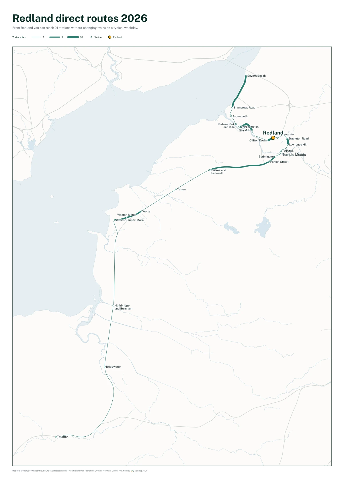 Redland direct routes 2026: a map of every station you can reach from Redland without changing trains, the lines thicker where more trains run