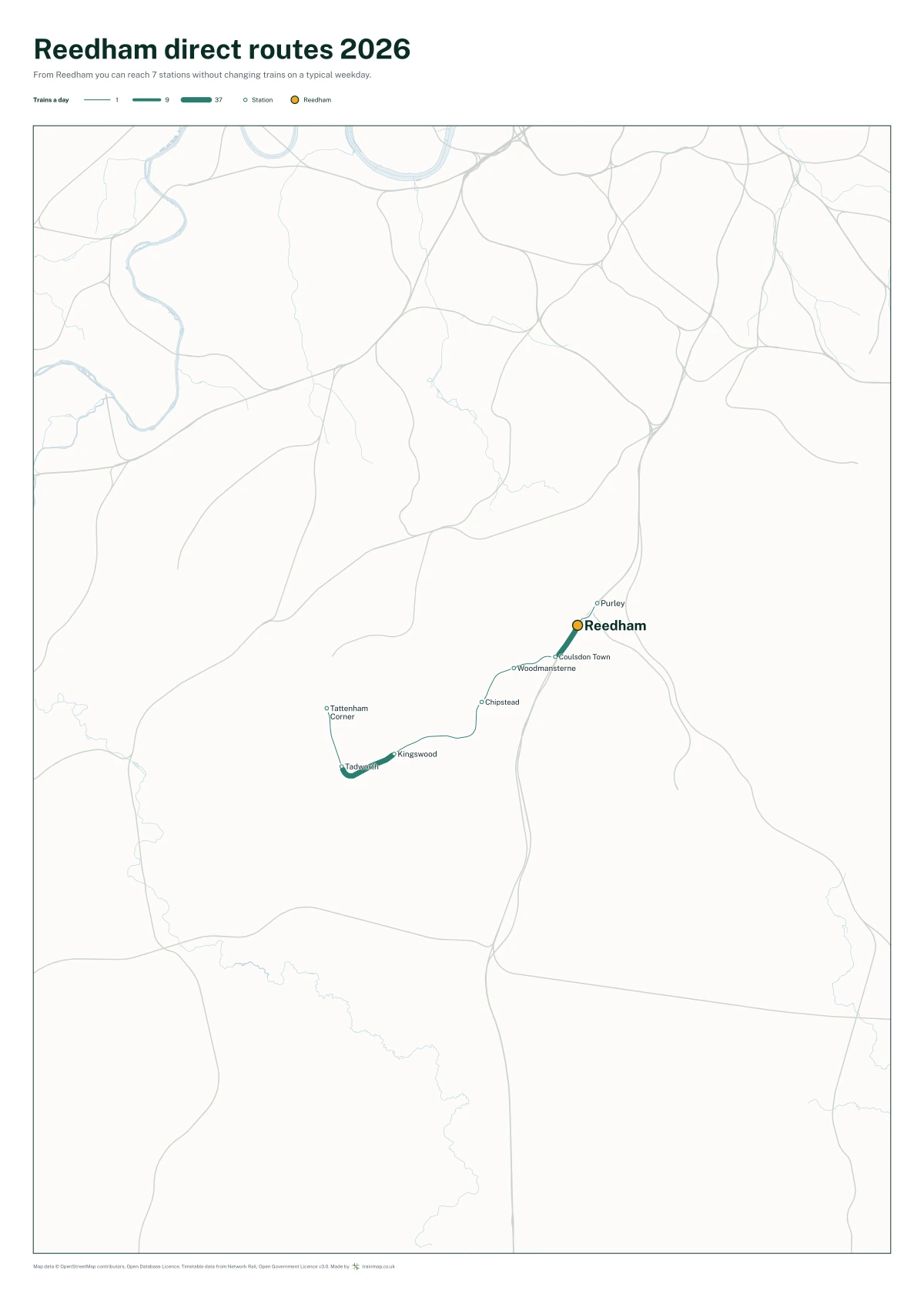 Reedham (London) direct routes 2026: a map of every station you can reach from Reedham (London) without changing trains, the lines thicker where more trains run