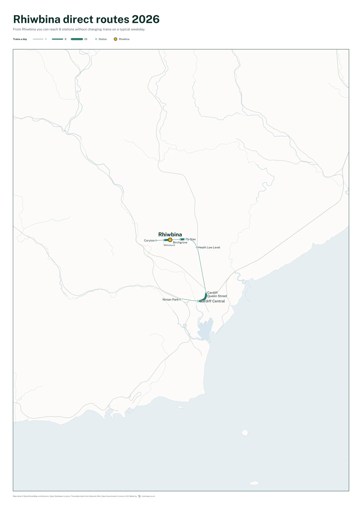 Rhiwbina direct routes 2026: a map of every station you can reach from Rhiwbina without changing trains, the lines thicker where more trains run