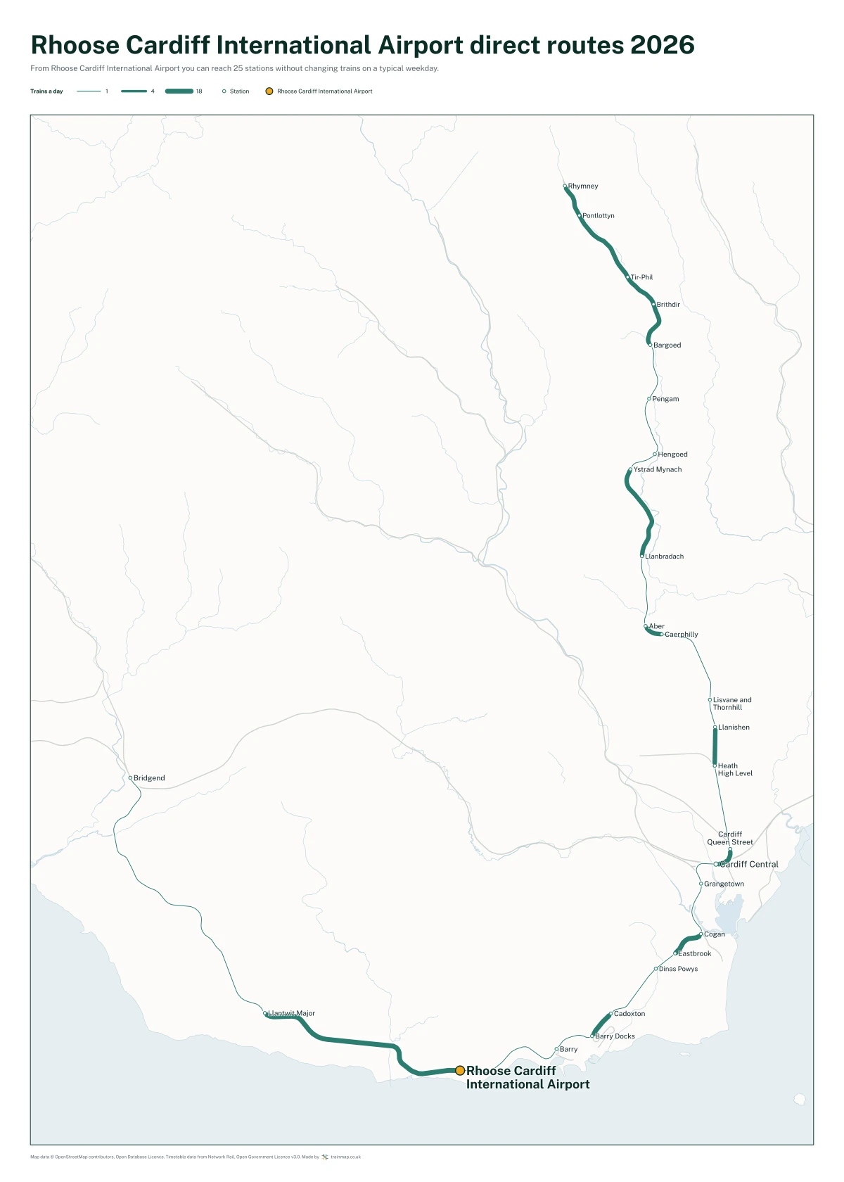 Rhoose Cardiff International Airport direct routes 2026: a map of every station you can reach from Rhoose Cardiff International Airport without changing trains, the lines thicker where more trains run