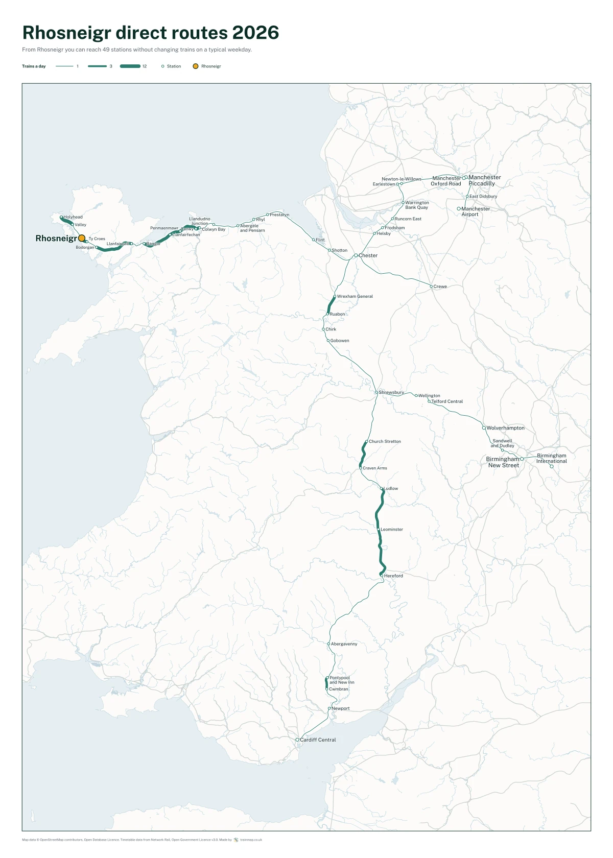 Rhosneigr direct routes 2026: a map of every station you can reach from Rhosneigr without changing trains, the lines thicker where more trains run