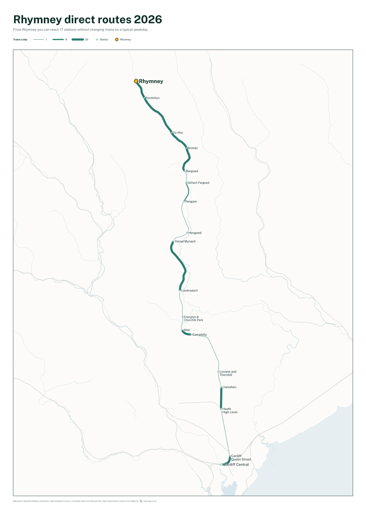 Rhymney direct routes 2026: a map of every station you can reach from Rhymney without changing trains, the lines thicker where more trains run