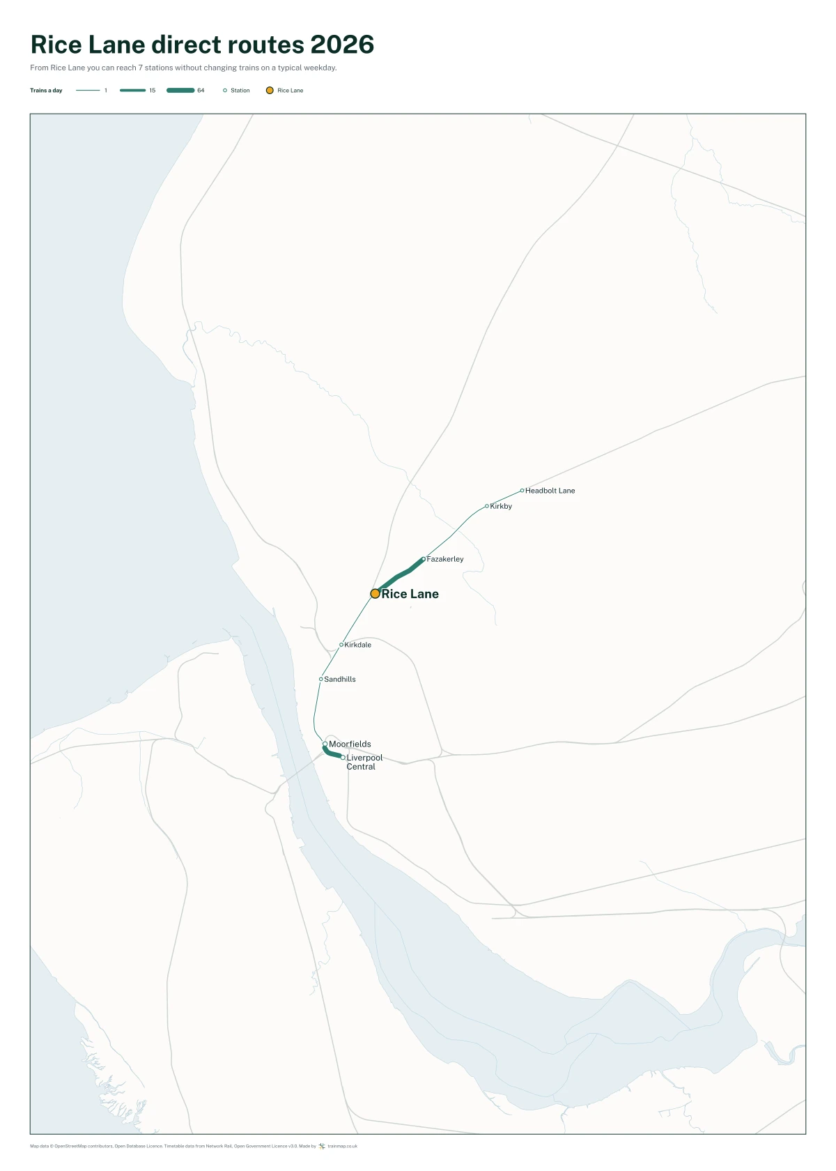 Rice Lane direct routes 2026: a map of every station you can reach from Rice Lane without changing trains, the lines thicker where more trains run