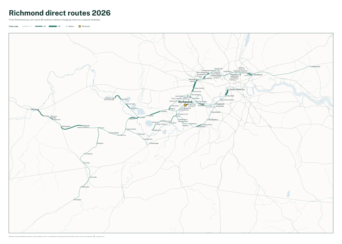 Richmond direct routes 2026: a map of every station you can reach from Richmond without changing trains, the lines thicker where more trains run