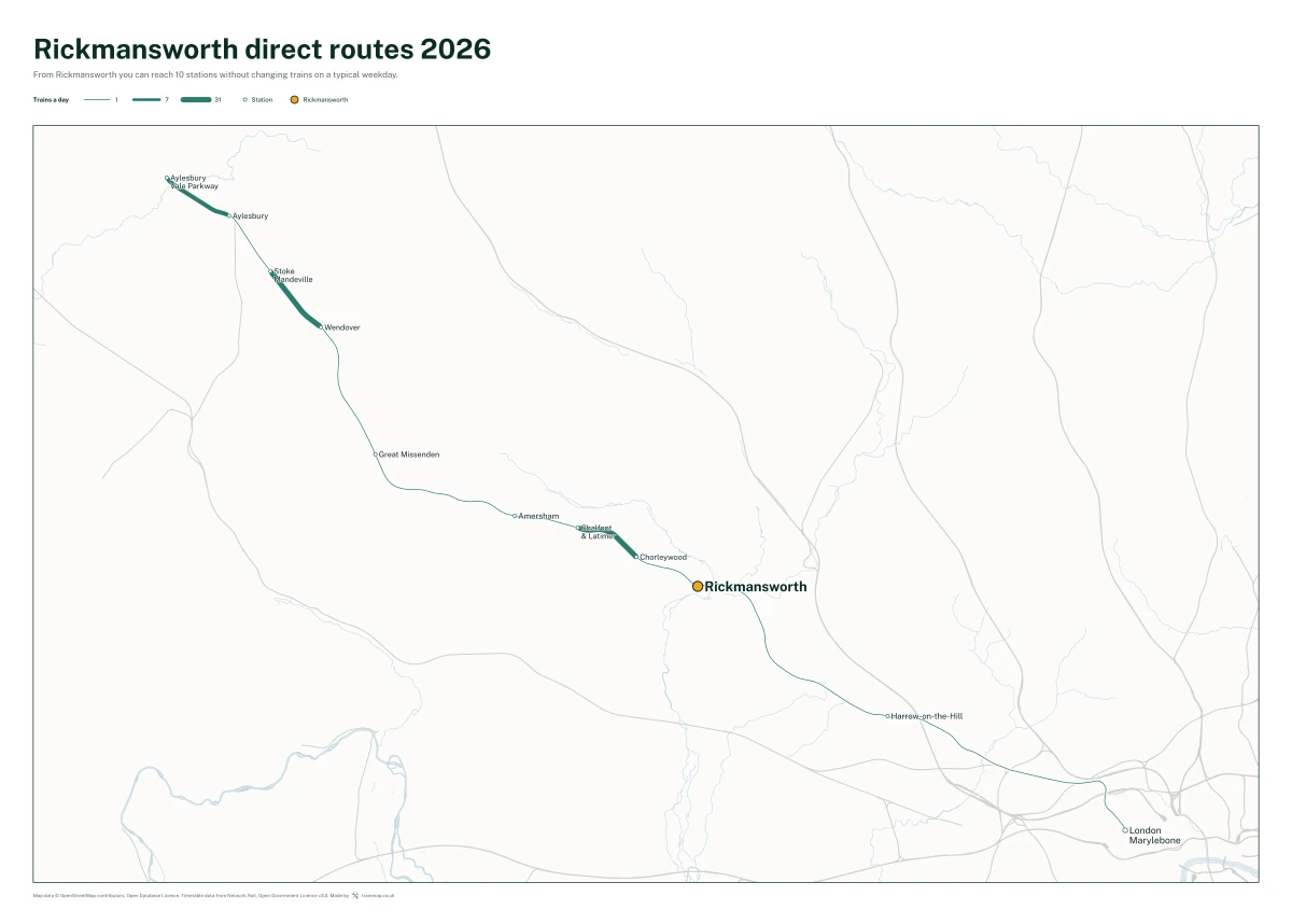 Rickmansworth direct routes 2026: a map of every station you can reach from Rickmansworth without changing trains, the lines thicker where more trains run