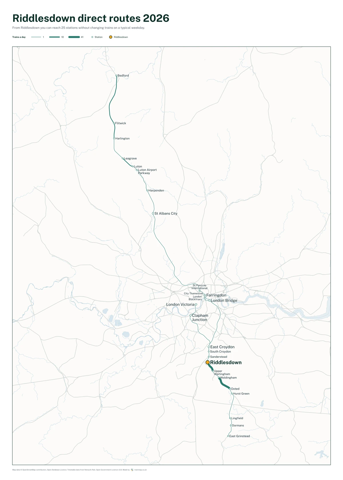 Riddlesdown direct routes 2026: a map of every station you can reach from Riddlesdown without changing trains, the lines thicker where more trains run