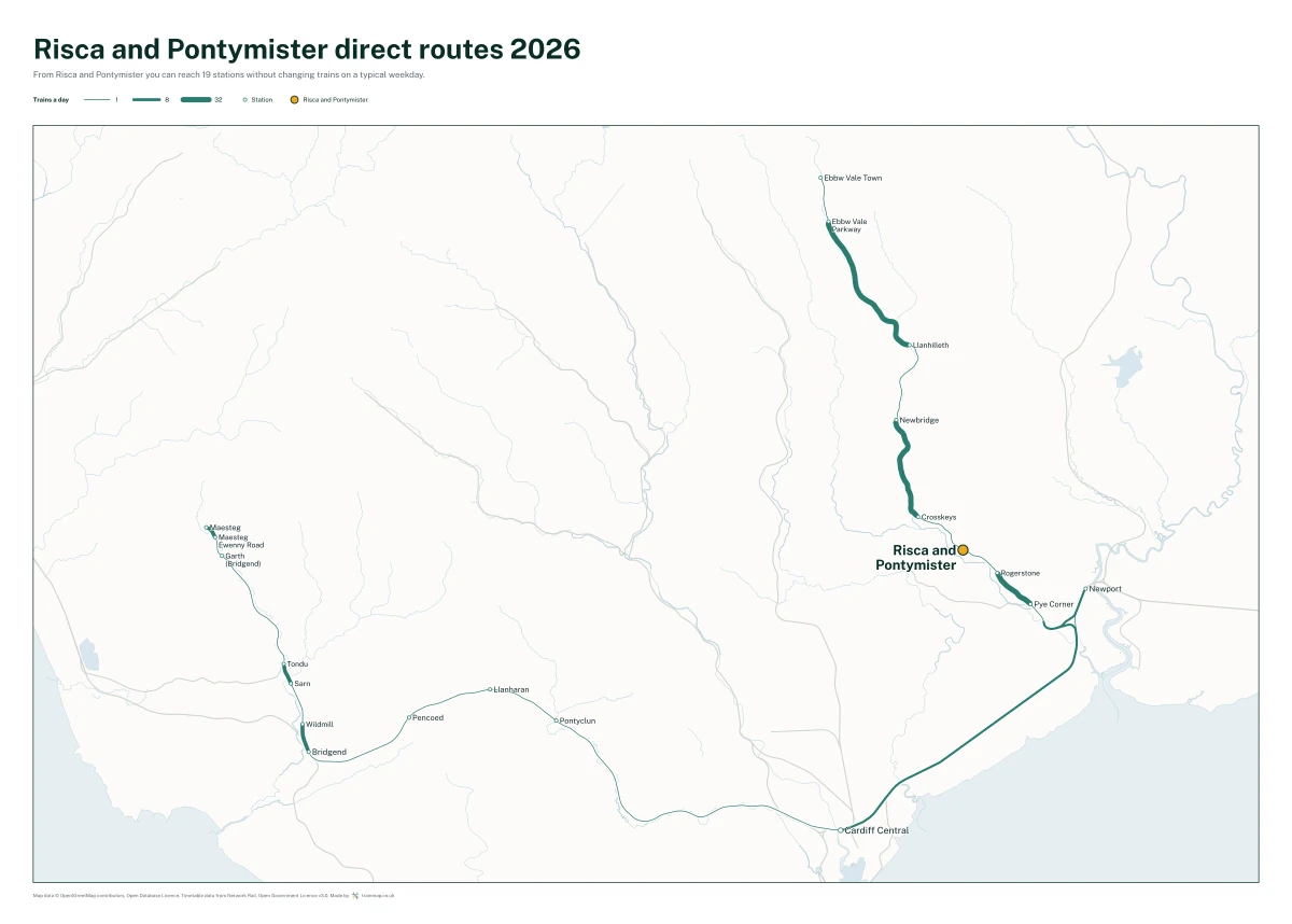 Risca and Pontymister direct routes 2026: a map of every station you can reach from Risca and Pontymister without changing trains, the lines thicker where more trains run