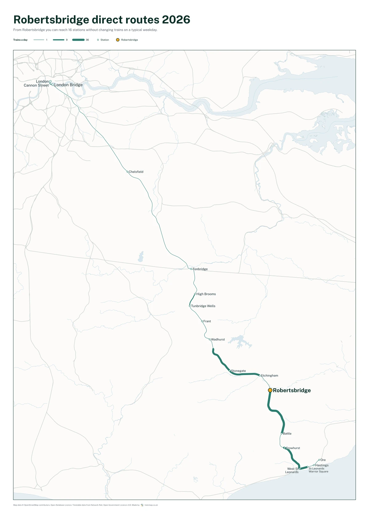 Robertsbridge direct routes 2026: a map of every station you can reach from Robertsbridge without changing trains, the lines thicker where more trains run