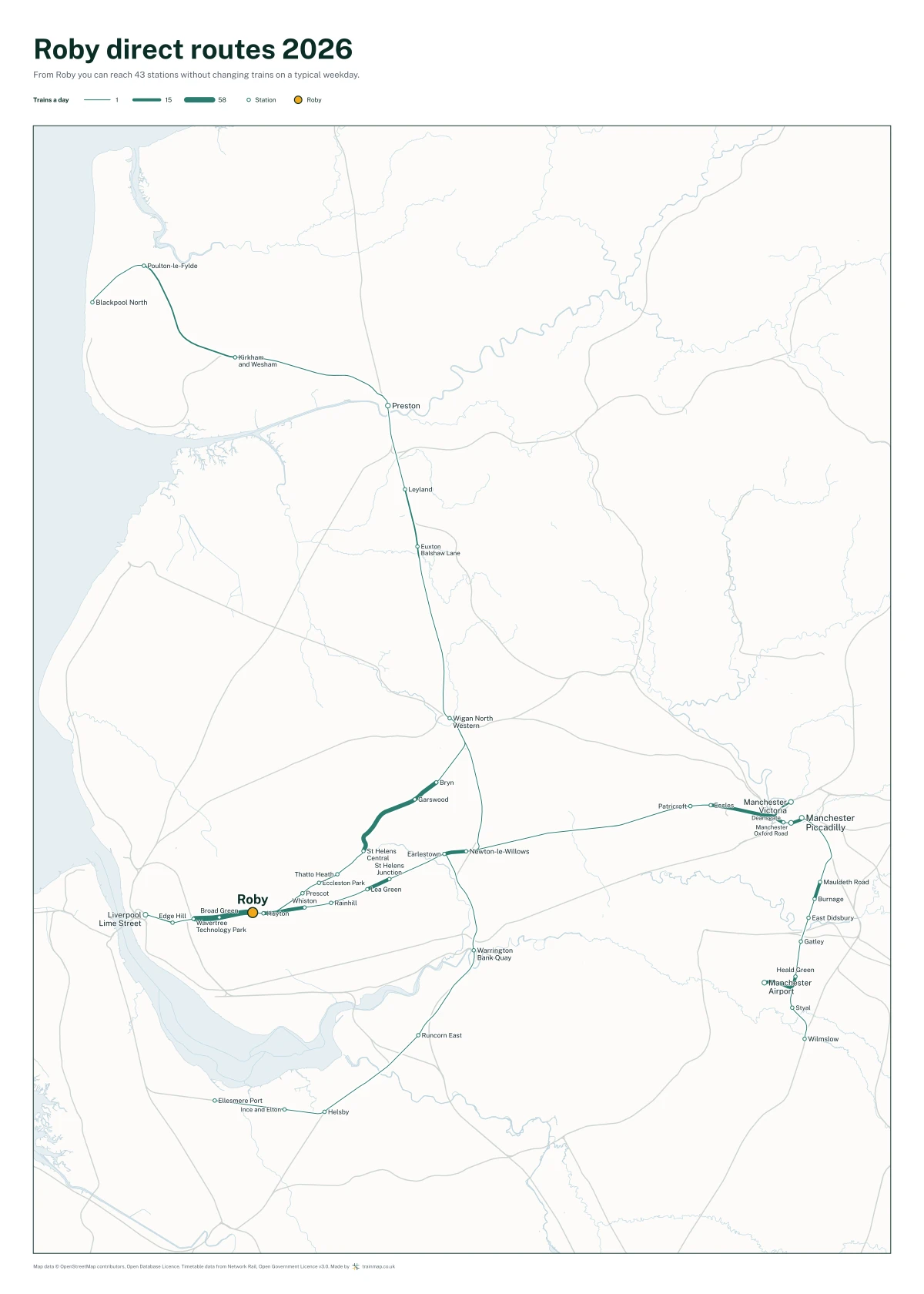 Roby direct routes 2026: a map of every station you can reach from Roby without changing trains, the lines thicker where more trains run