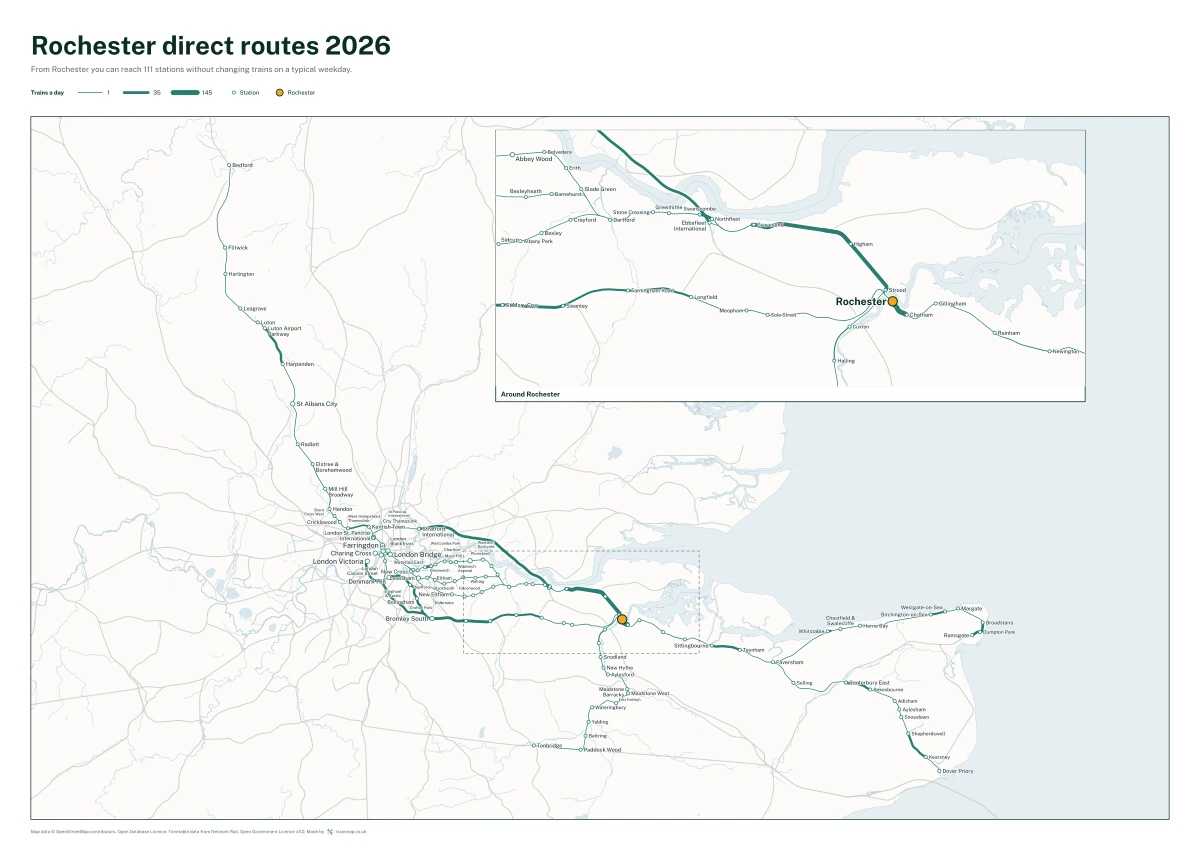 Rochester direct routes 2026: a map of every station you can reach from Rochester without changing trains, the lines thicker where more trains run