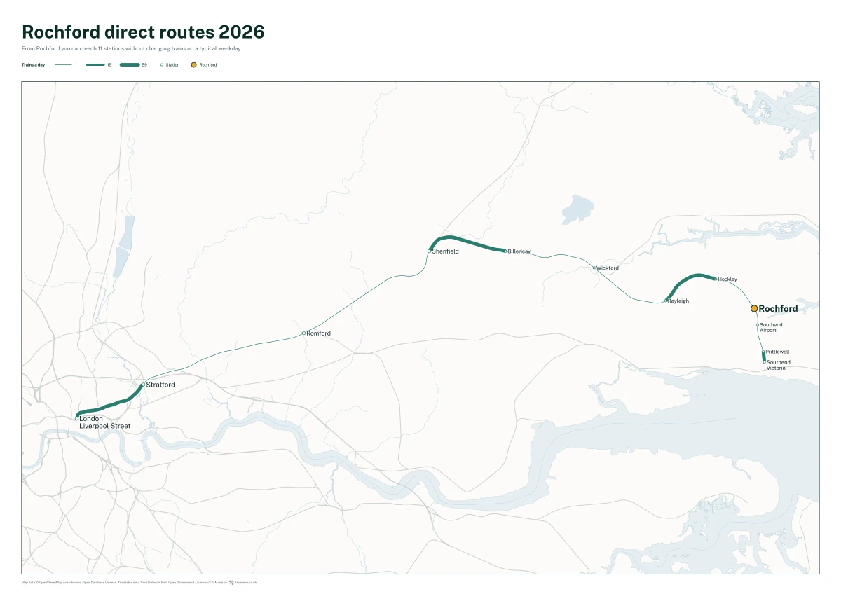 Rochford direct routes 2026: a map of every station you can reach from Rochford without changing trains, the lines thicker where more trains run