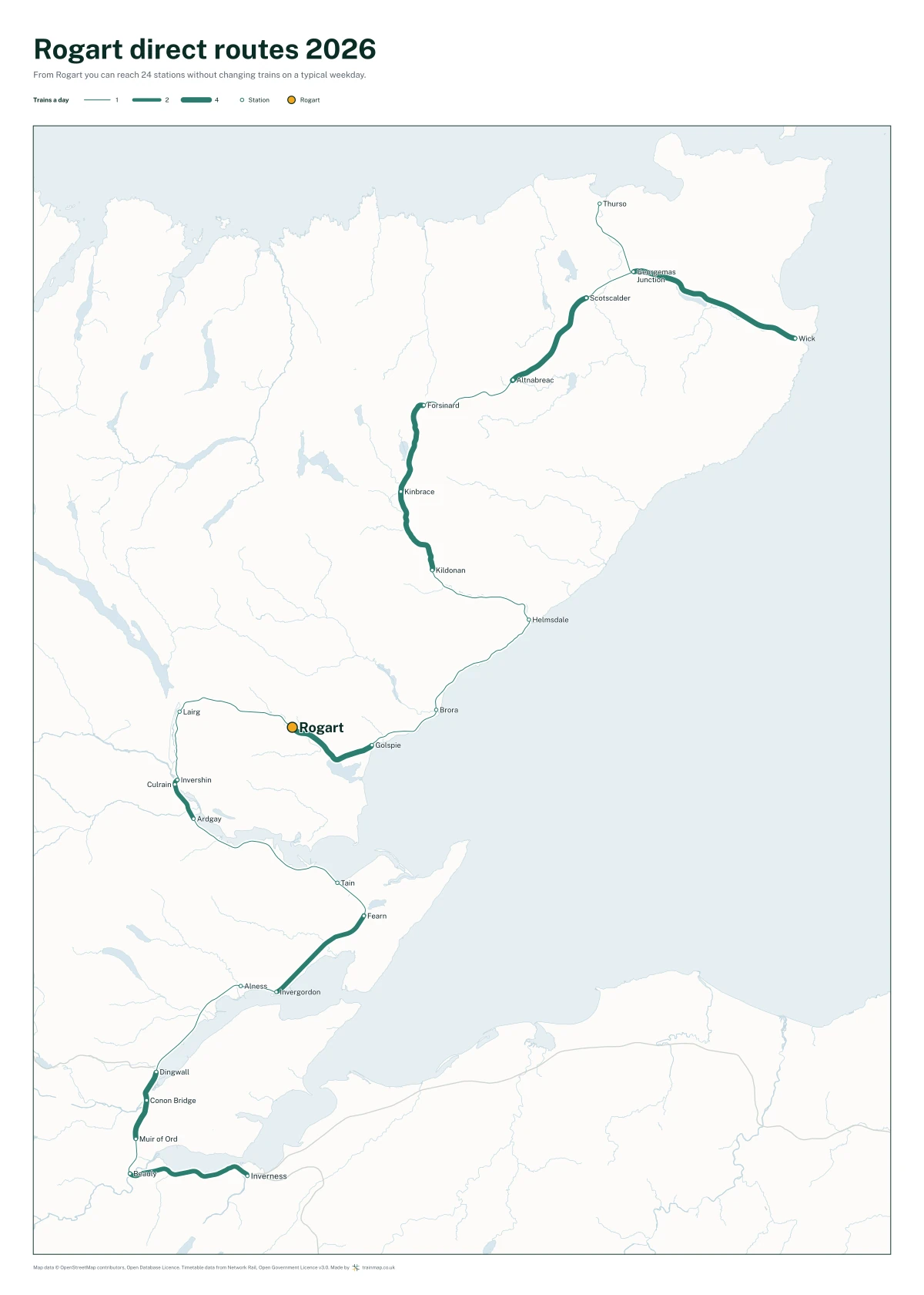 Rogart direct routes 2026: a map of every station you can reach from Rogart without changing trains, the lines thicker where more trains run