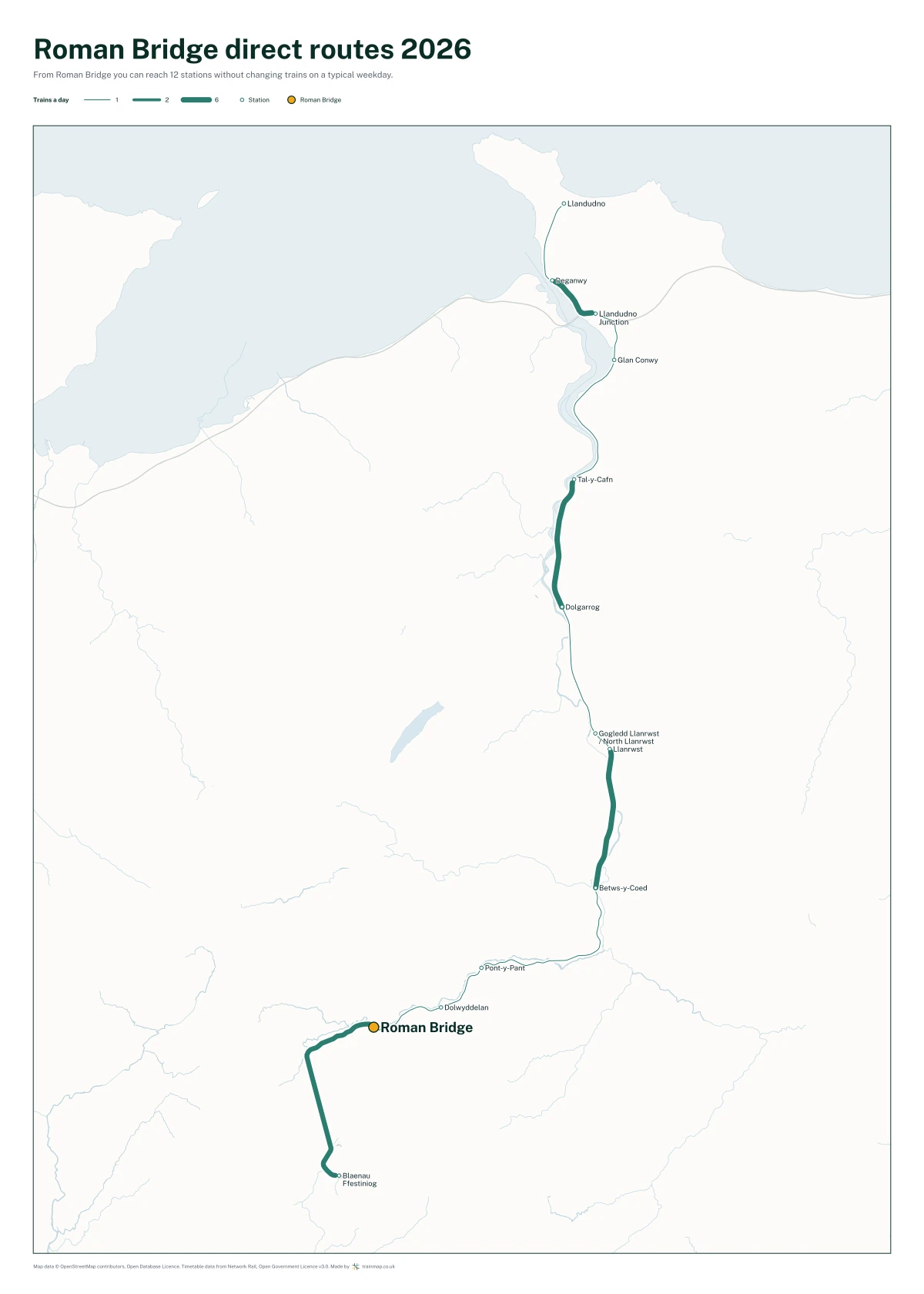 Roman Bridge direct routes 2026: a map of every station you can reach from Roman Bridge without changing trains, the lines thicker where more trains run