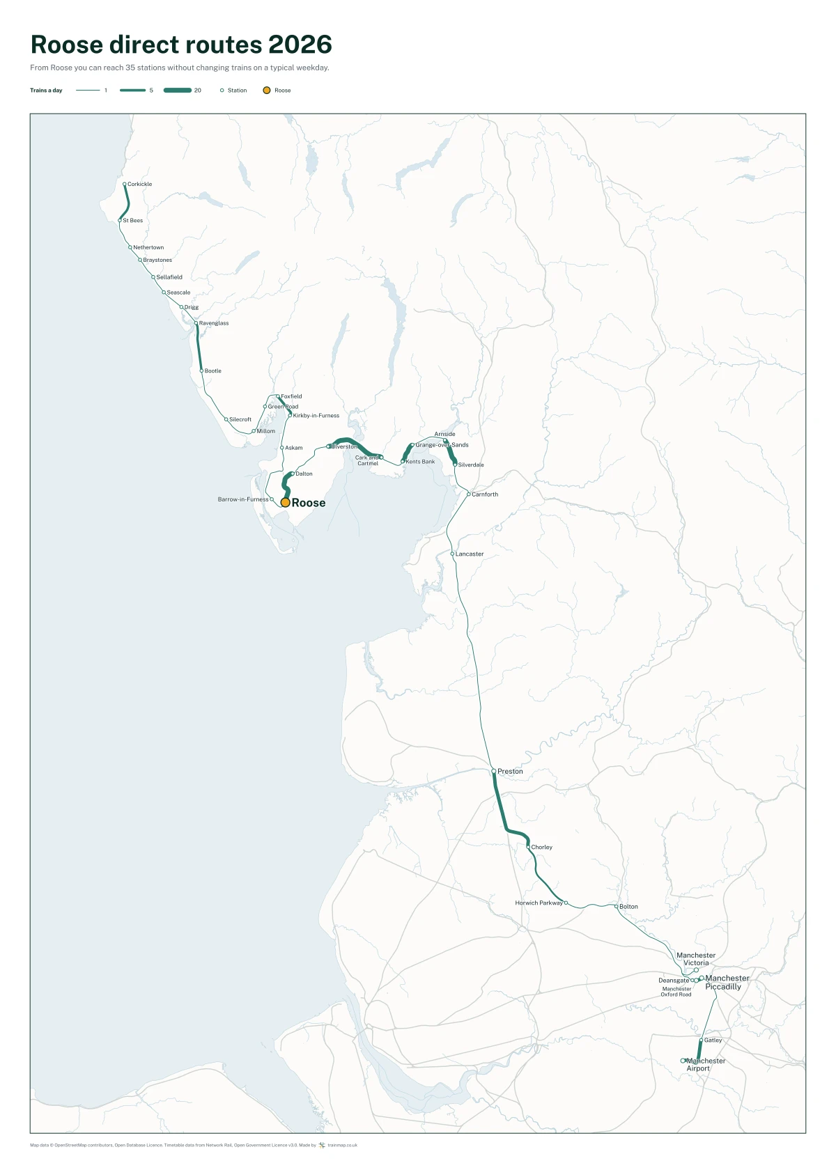 Roose direct routes 2026: a map of every station you can reach from Roose without changing trains, the lines thicker where more trains run