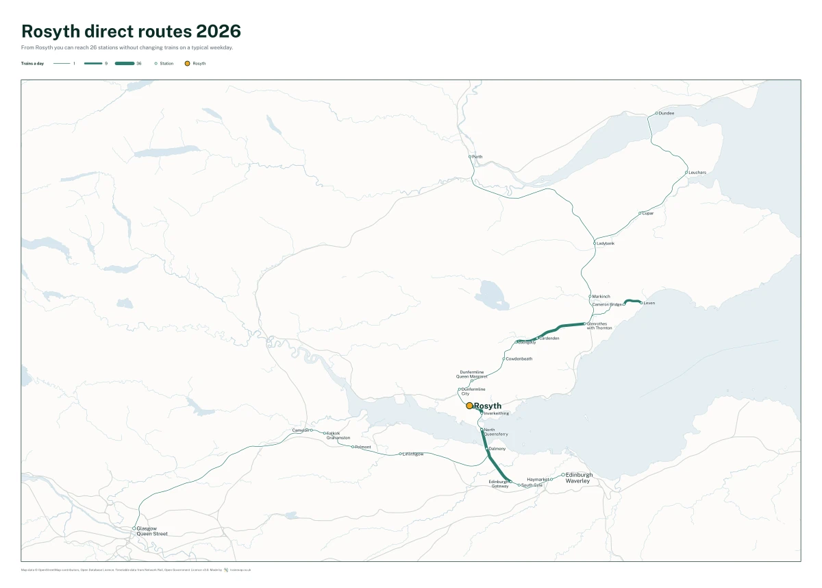 Rosyth direct routes 2026: a map of every station you can reach from Rosyth without changing trains, the lines thicker where more trains run