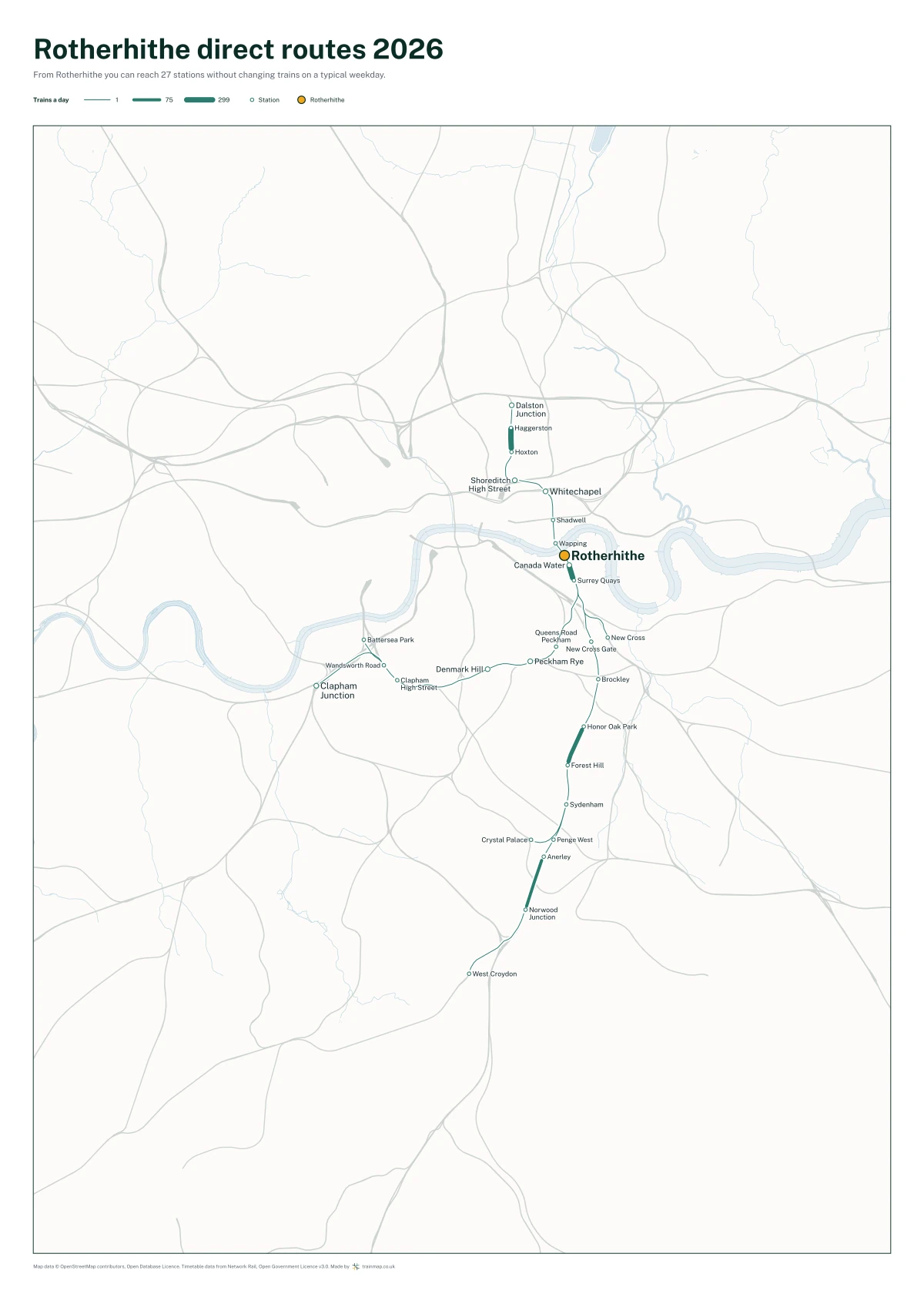 Rotherhithe direct routes 2026: a map of every station you can reach from Rotherhithe without changing trains, the lines thicker where more trains run