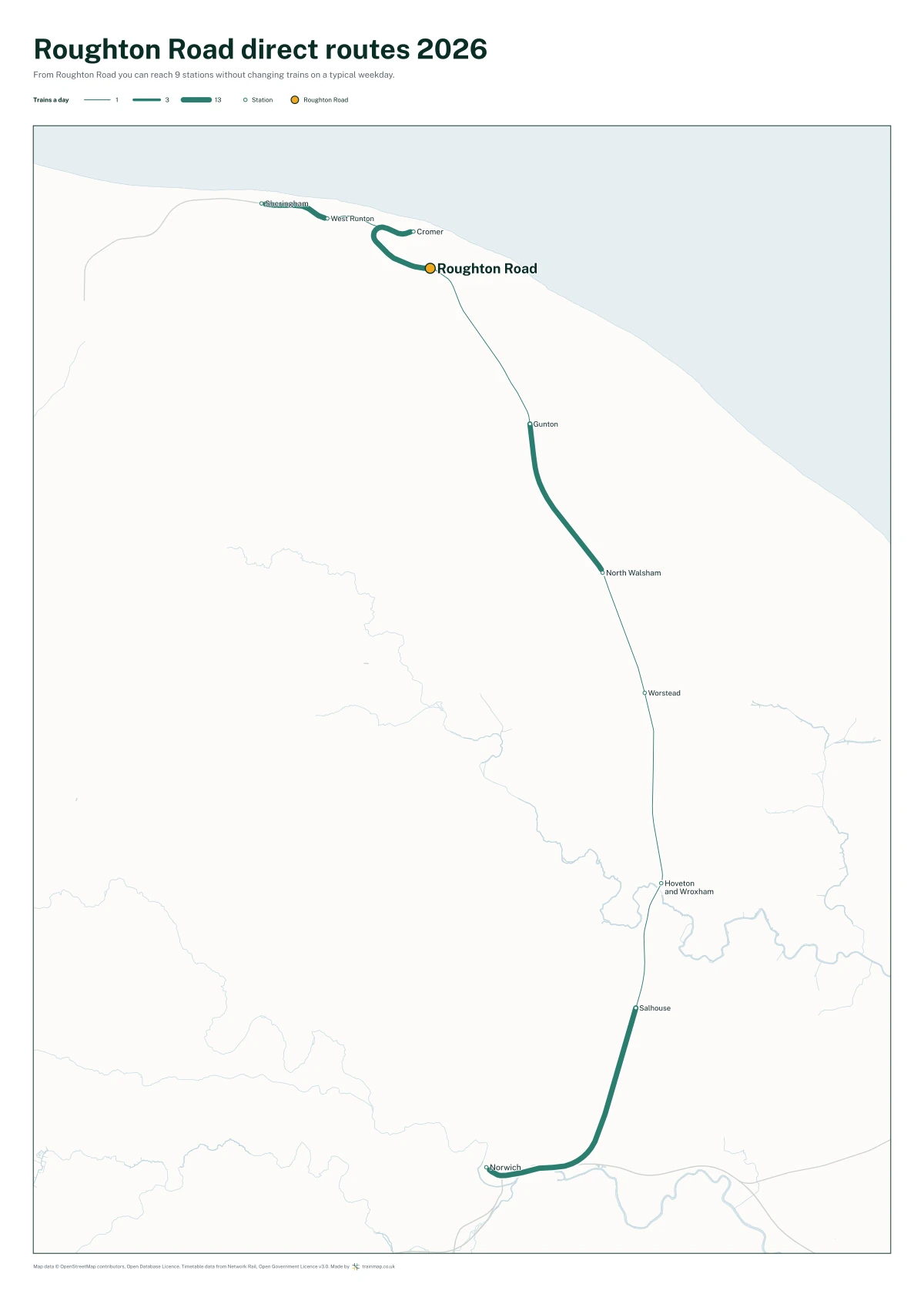 Roughton Road direct routes 2026: a map of every station you can reach from Roughton Road without changing trains, the lines thicker where more trains run