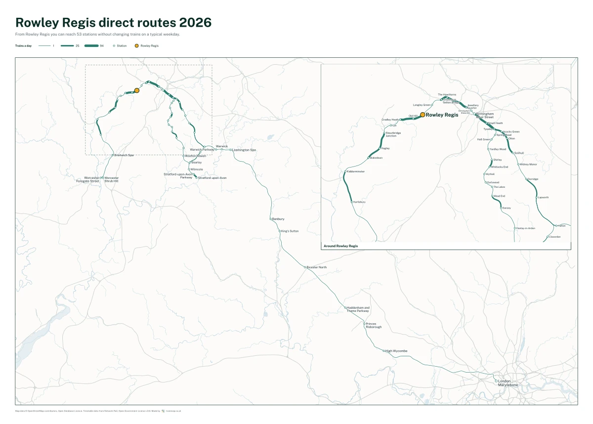 Rowley Regis direct routes 2026: a map of every station you can reach from Rowley Regis without changing trains, the lines thicker where more trains run